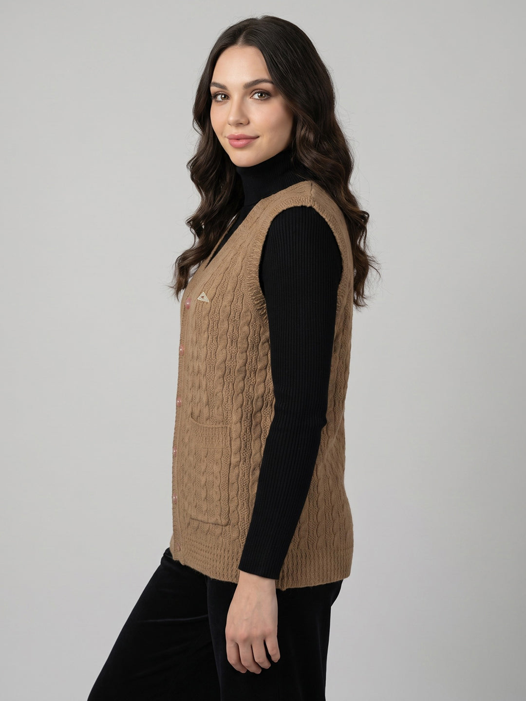 Women Camel Brown Self Design V Neck Sleeveless Cardigan