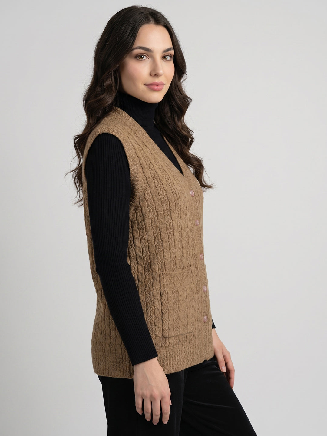 Women Camel Brown Self Design V Neck Sleeveless Cardigan