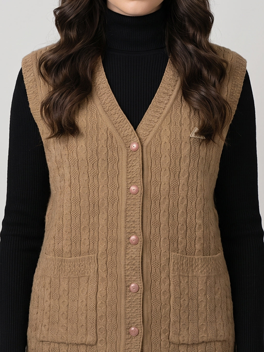 Women Camel Brown Self Design V Neck Sleeveless Cardigan