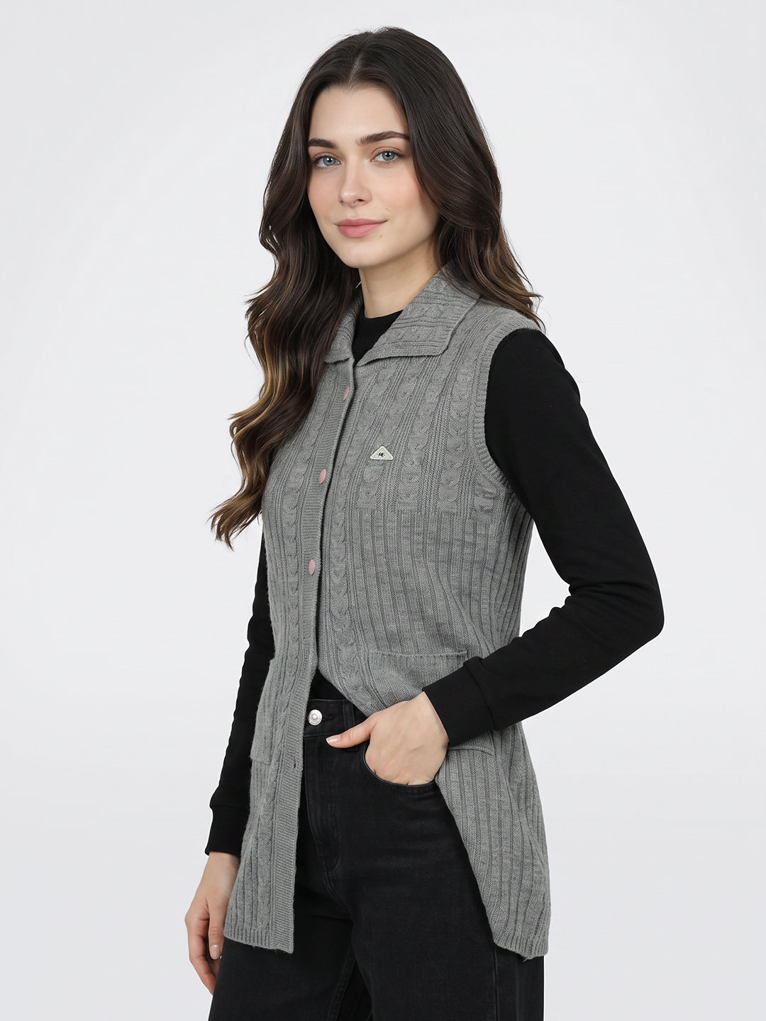 Women Grey Self Design Collar Sleeveless Long Cardigan