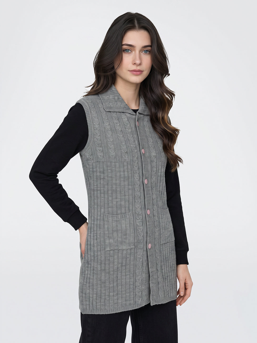 Women Grey Self Design Collar Sleeveless Long Cardigan