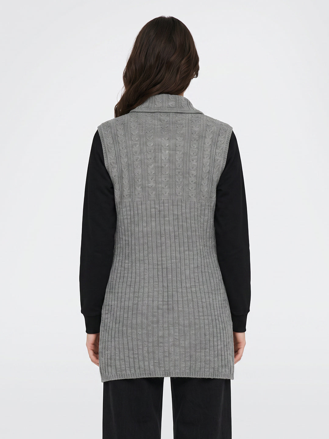 Women Grey Self Design Collar Sleeveless Long Cardigan