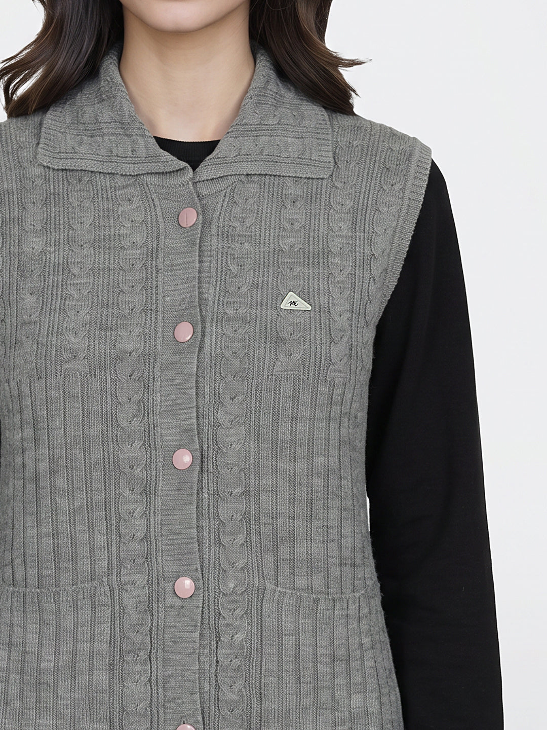 Women Grey Self Design Collar Sleeveless Long Cardigan