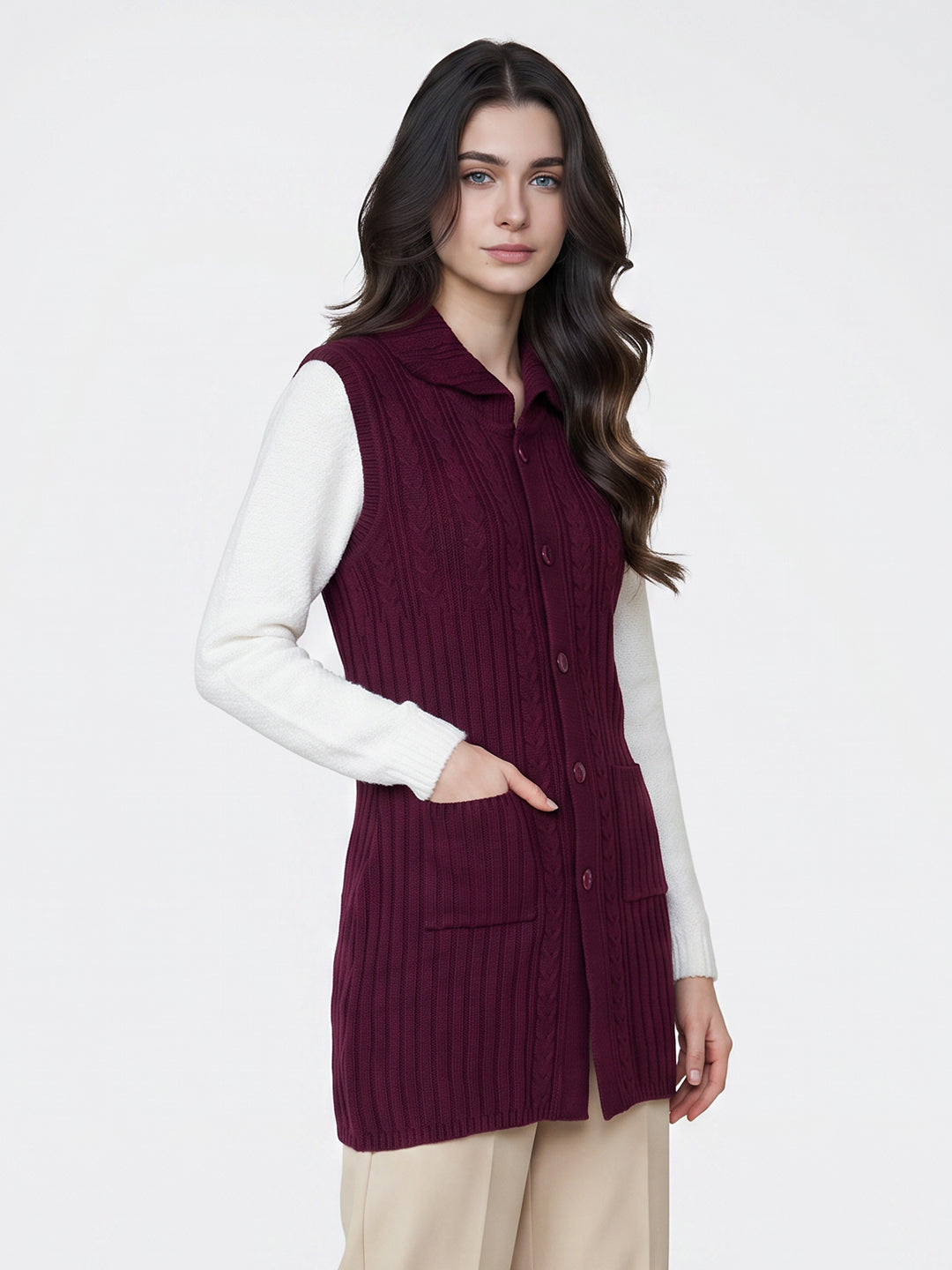 Women Purple Self Design Collar Sleeveless Long Cardigan