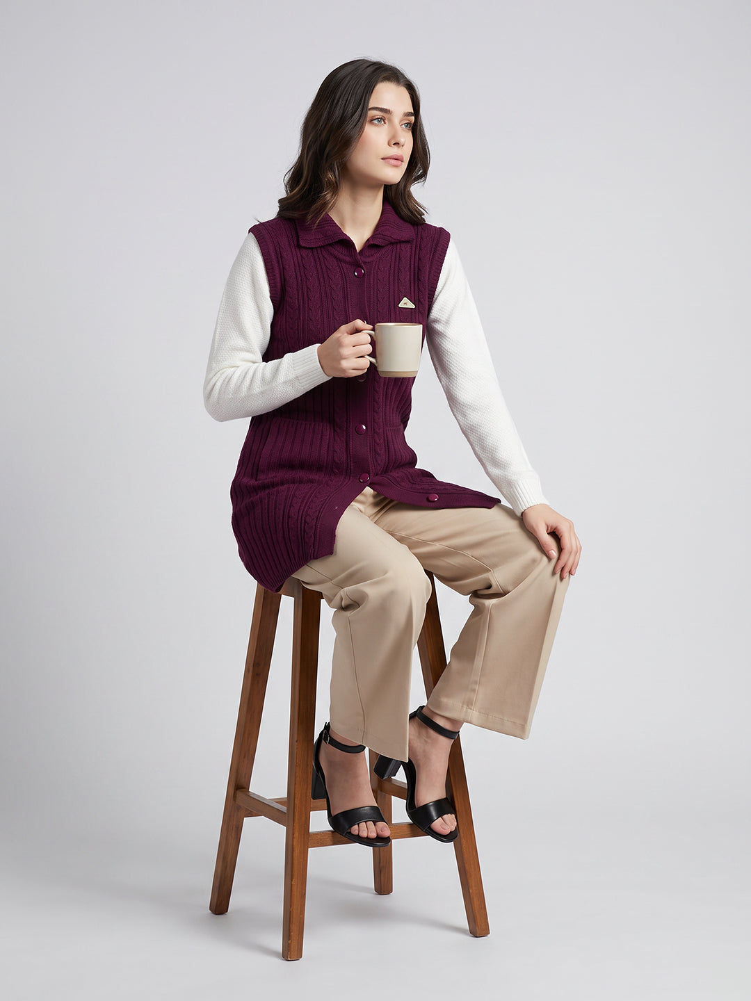Women Purple Self Design Collar Sleeveless Long Cardigan