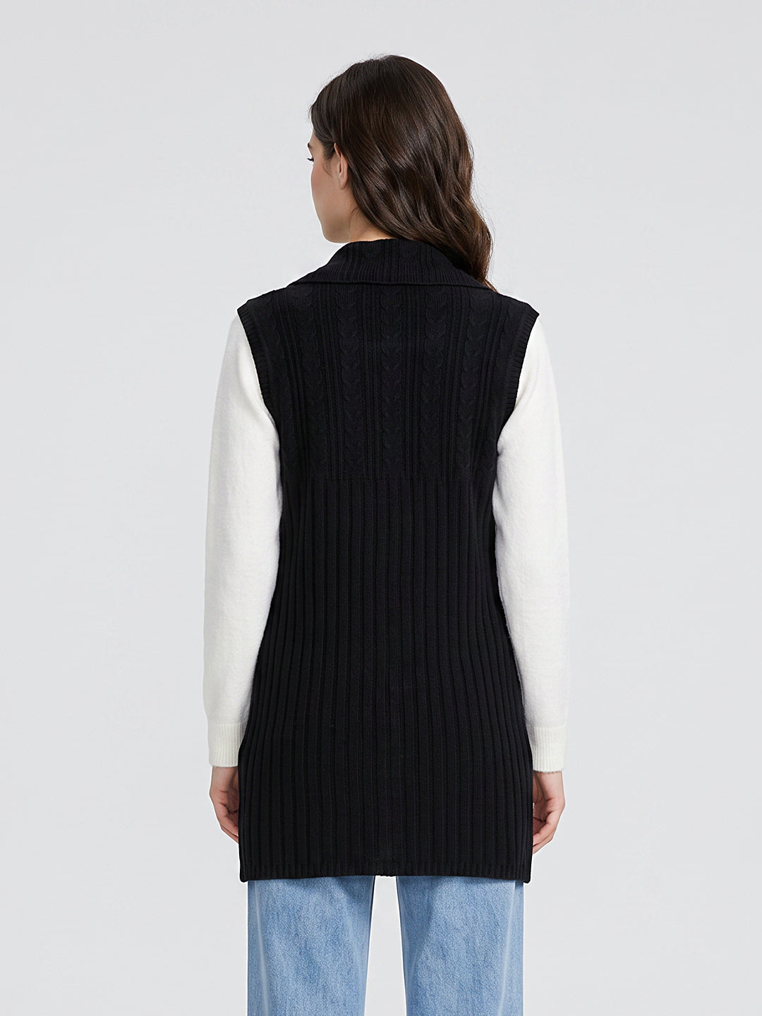 Women Black Self Design Collar Sleeveless Long Cardigan