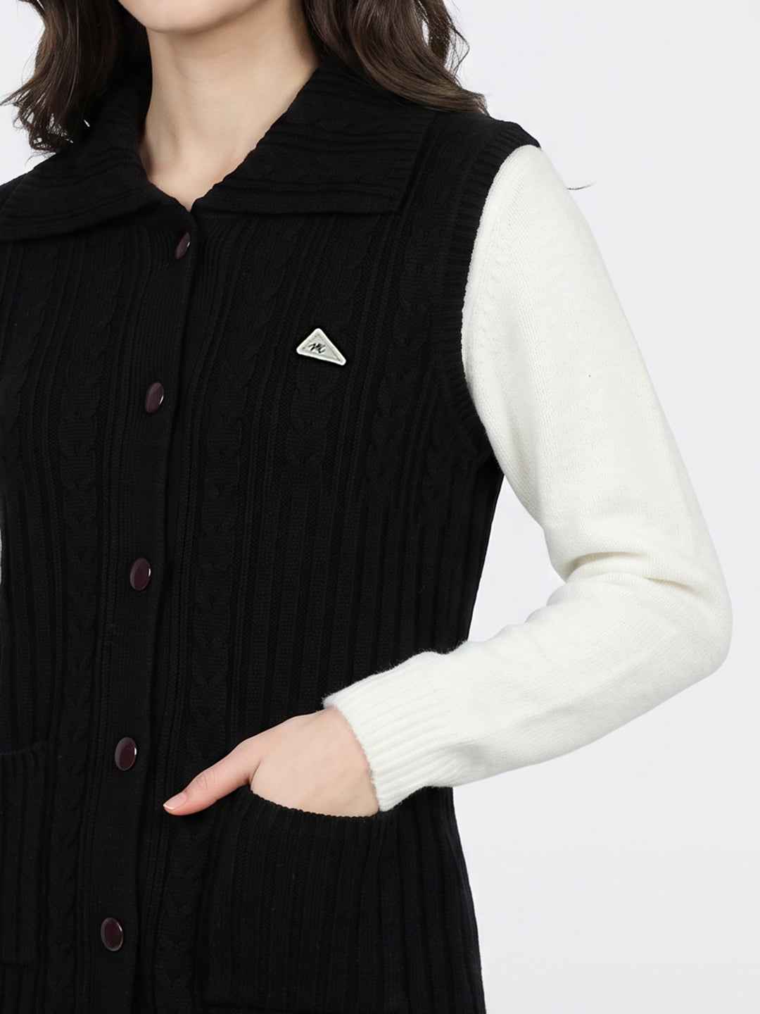 Women Black Self Design Collar Sleeveless Long Cardigan