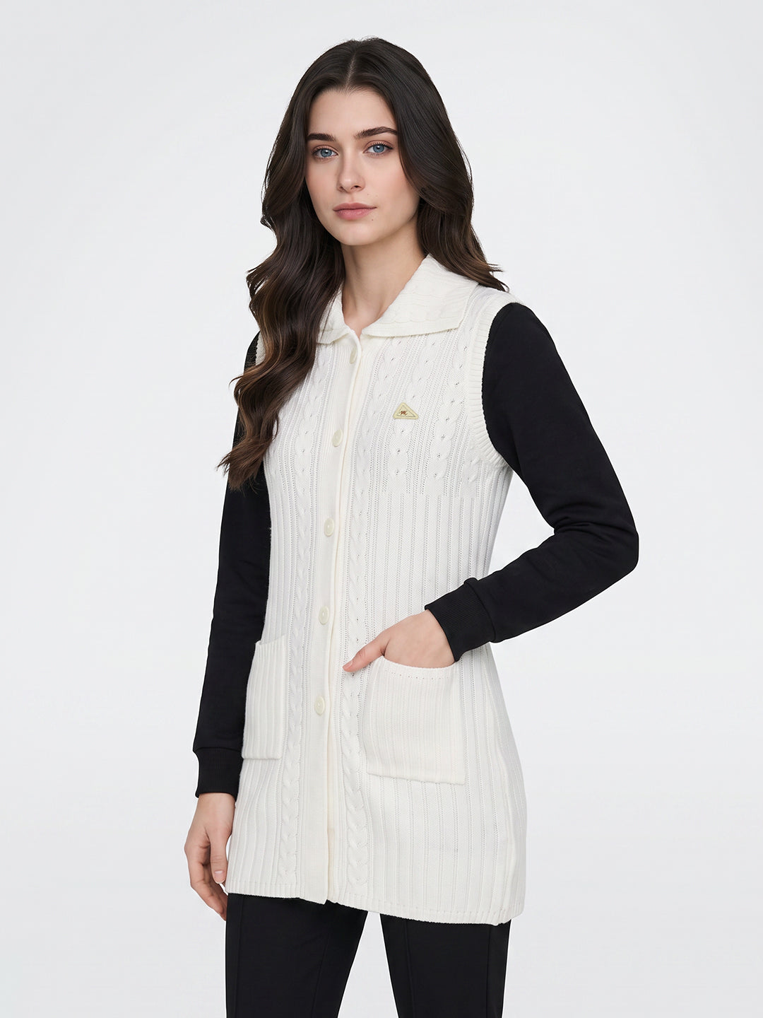 Women Off White Self Design Collar Sleeveless Cardigan