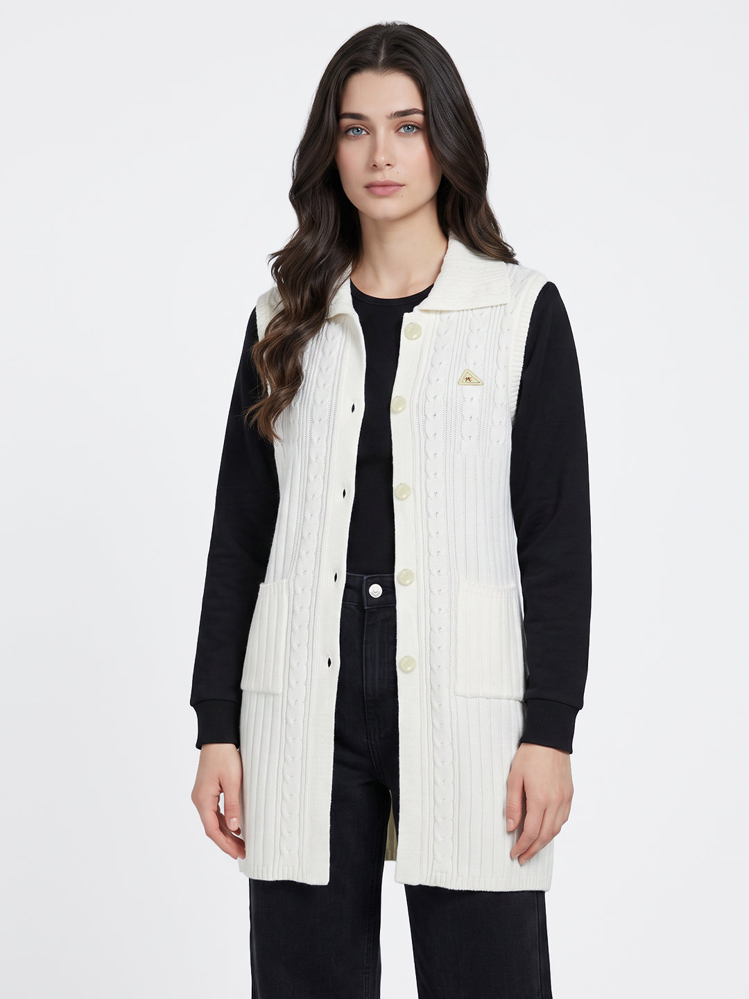 Women Off White Self Design Collar Sleeveless Cardigan