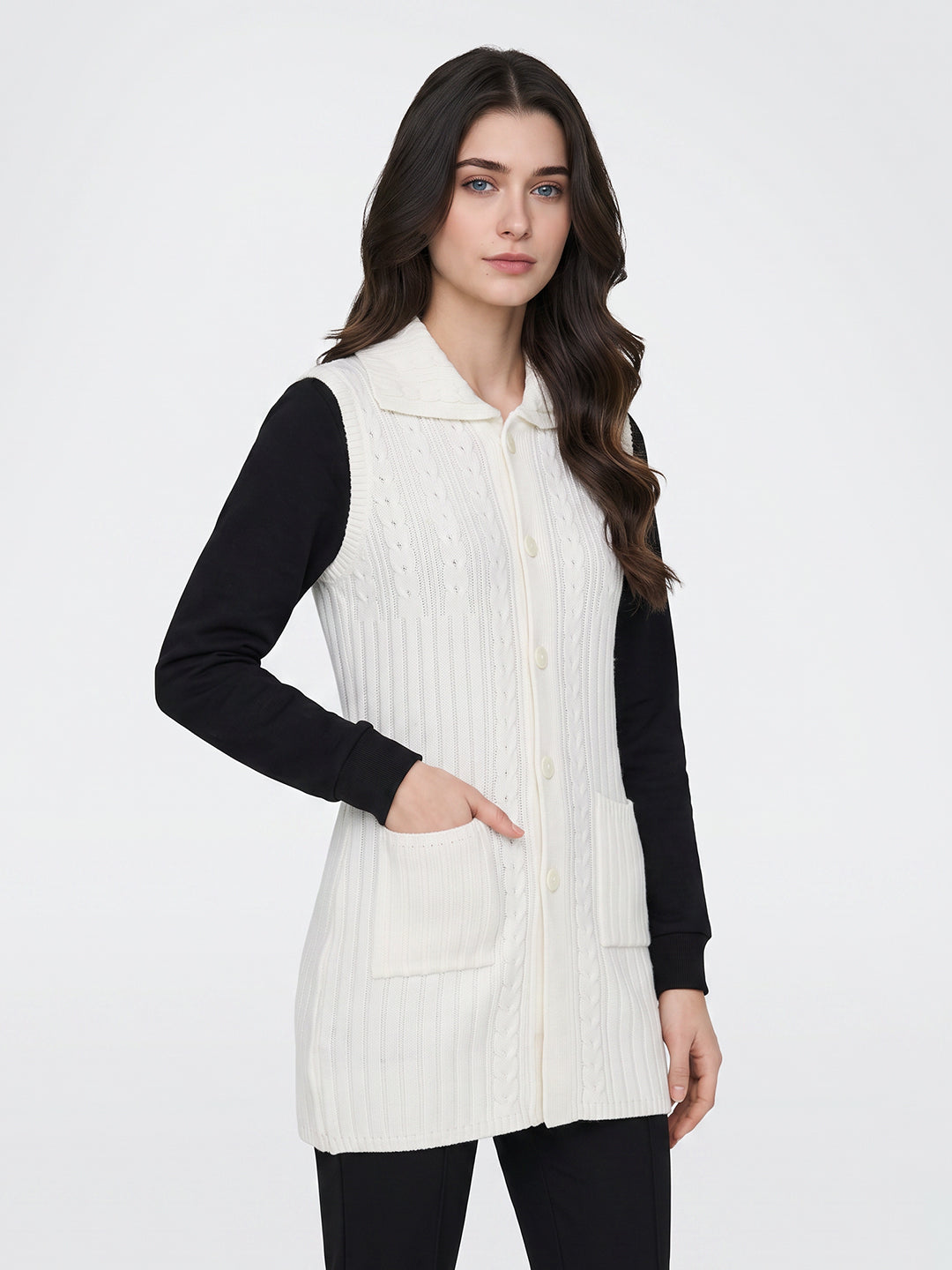 Women Off White Self Design Collar Sleeveless Cardigan