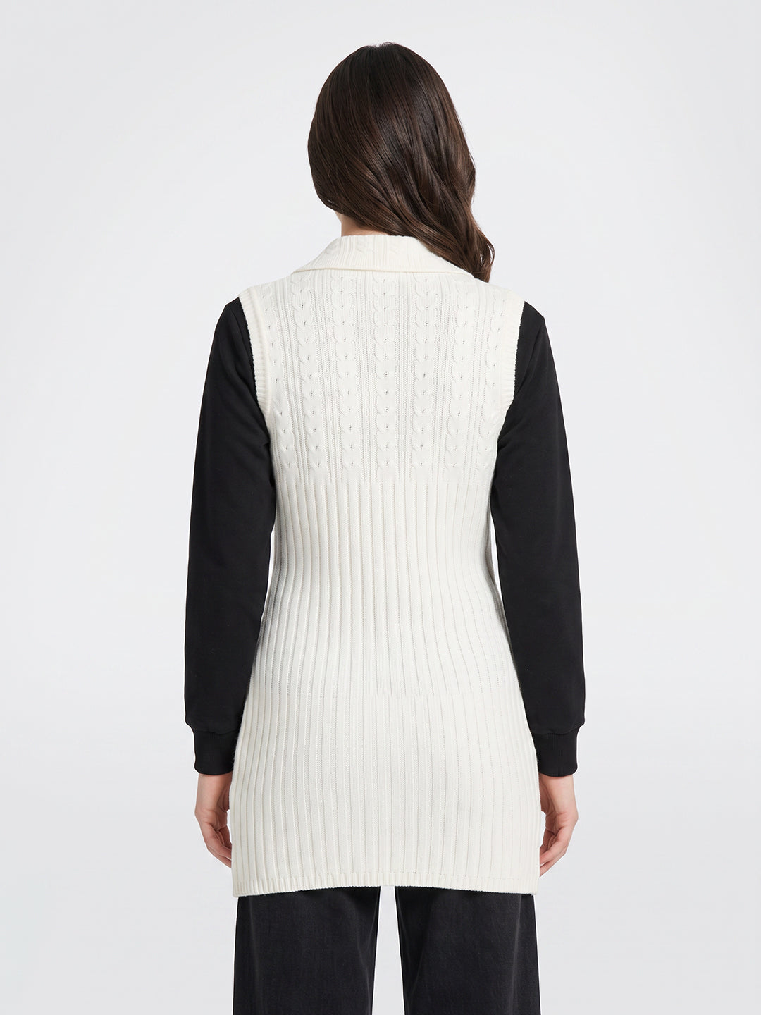 Women Off White Self Design Collar Sleeveless Cardigan