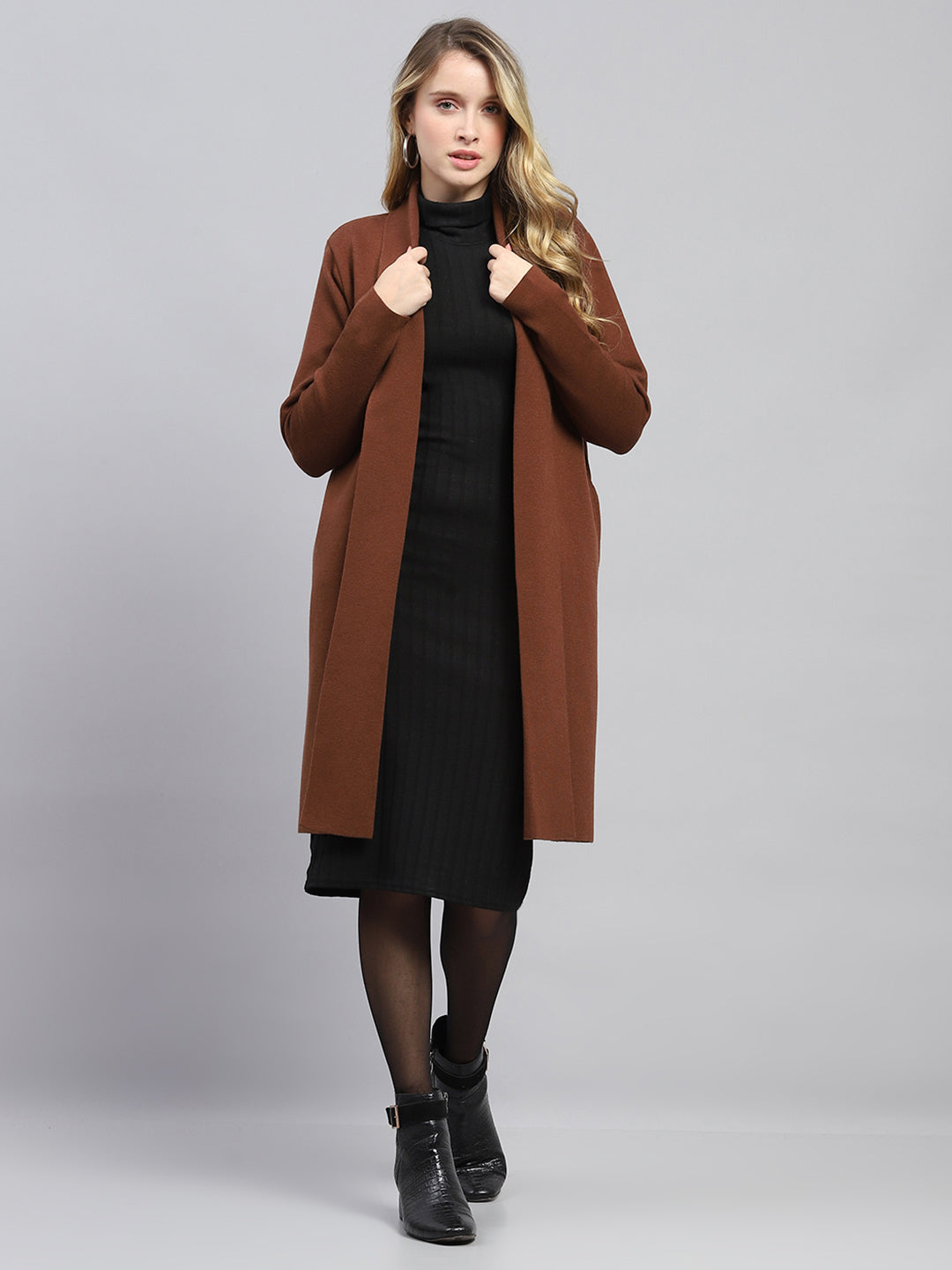 Women Brown Self Design Front Open Full Sleeve Cardigan