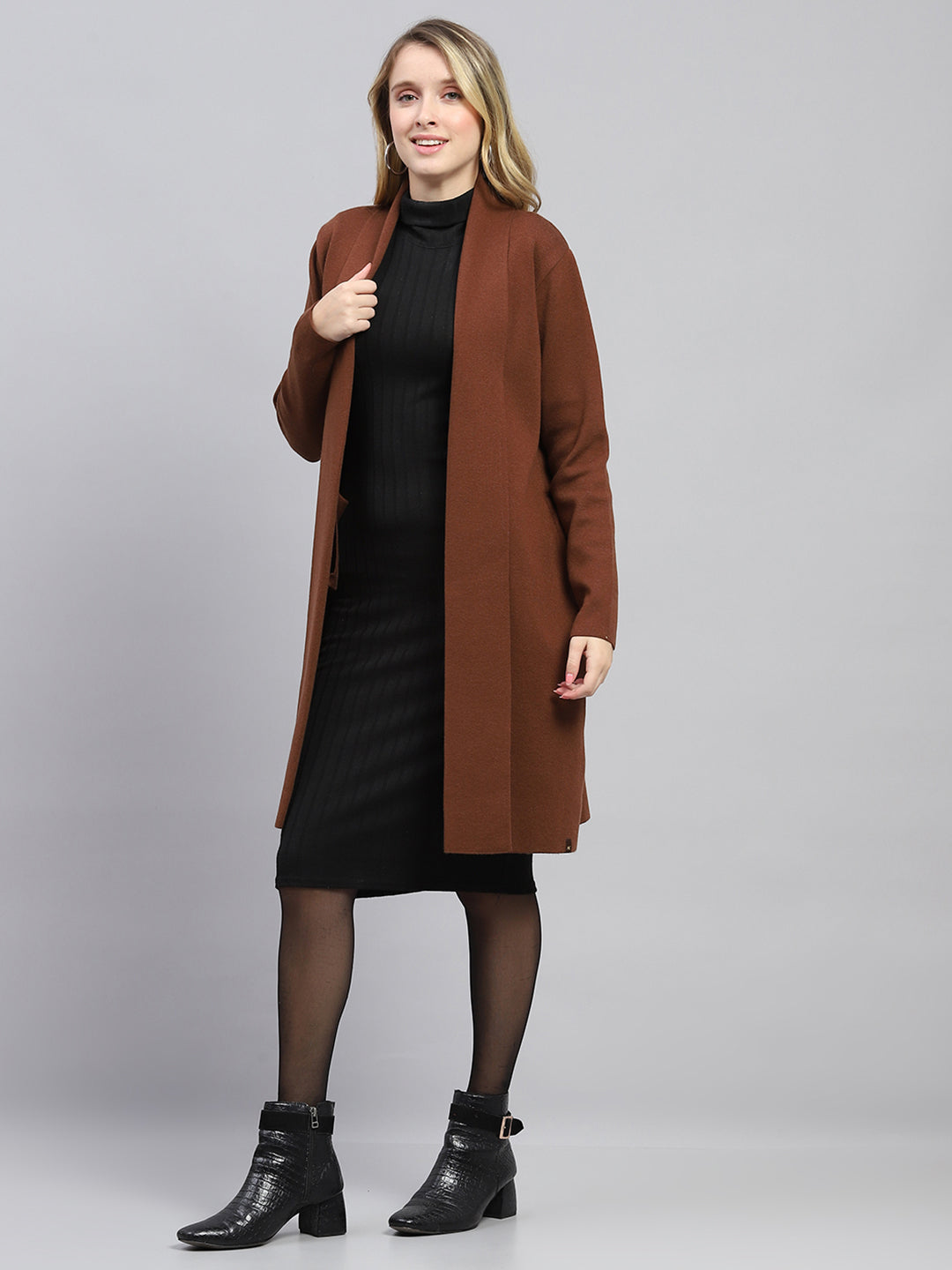 Women Brown Self Design Front Open Full Sleeve Cardigan