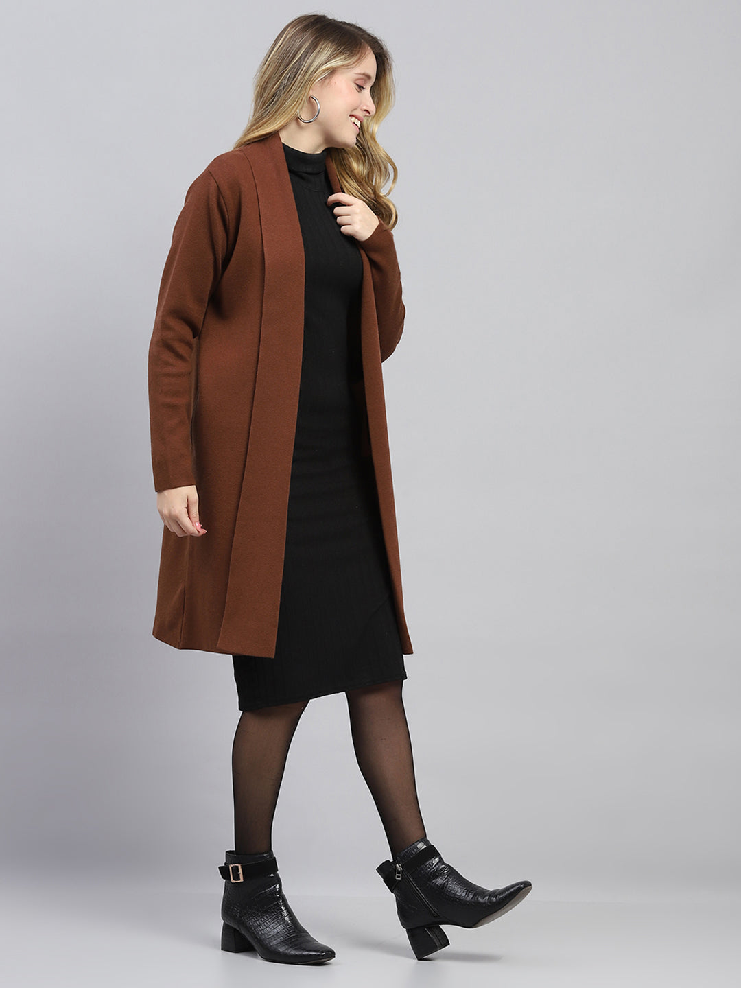 Women Brown Self Design Front Open Full Sleeve Cardigan