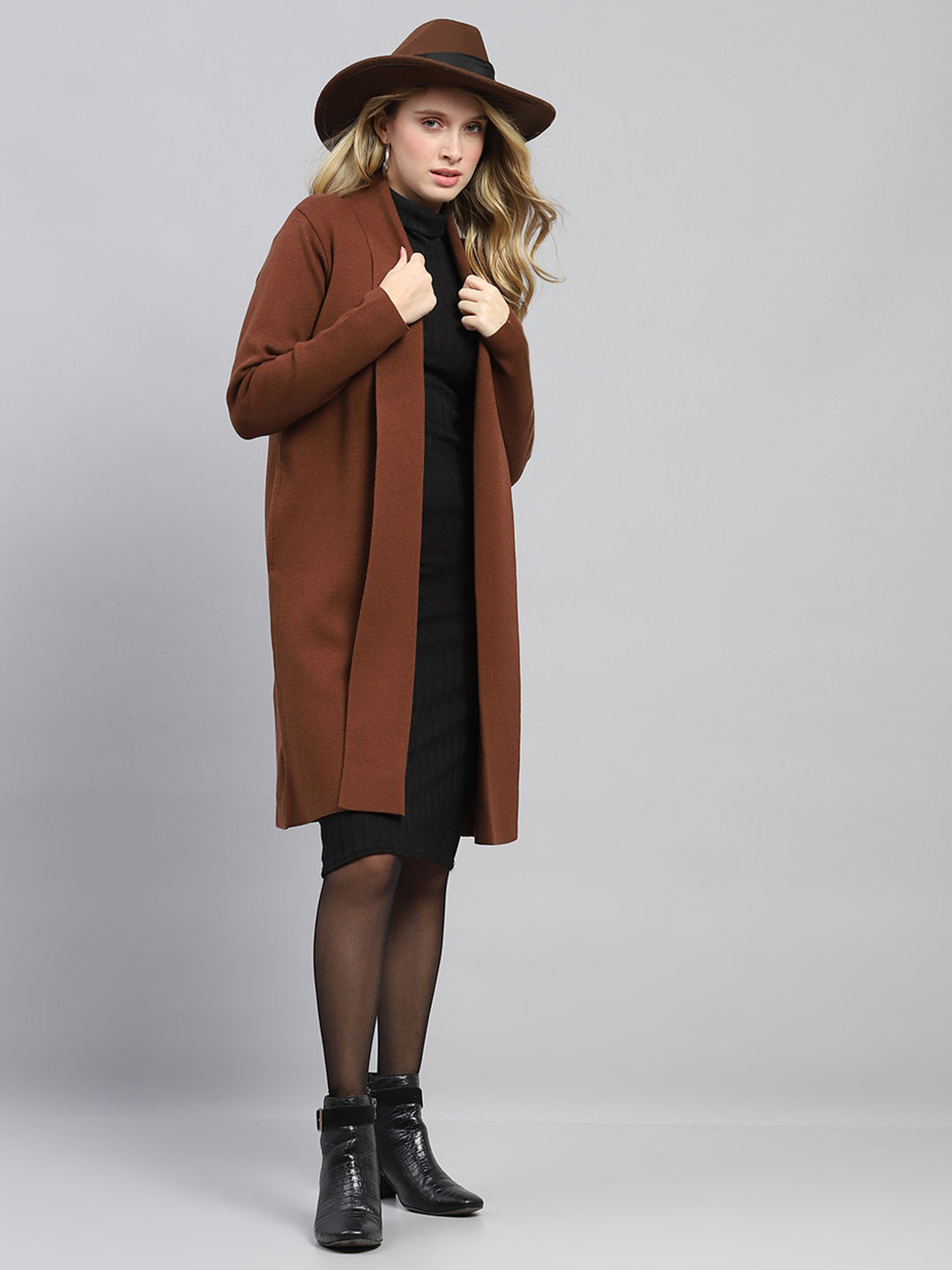 Women Brown Self Design Front Open Full Sleeve Cardigan