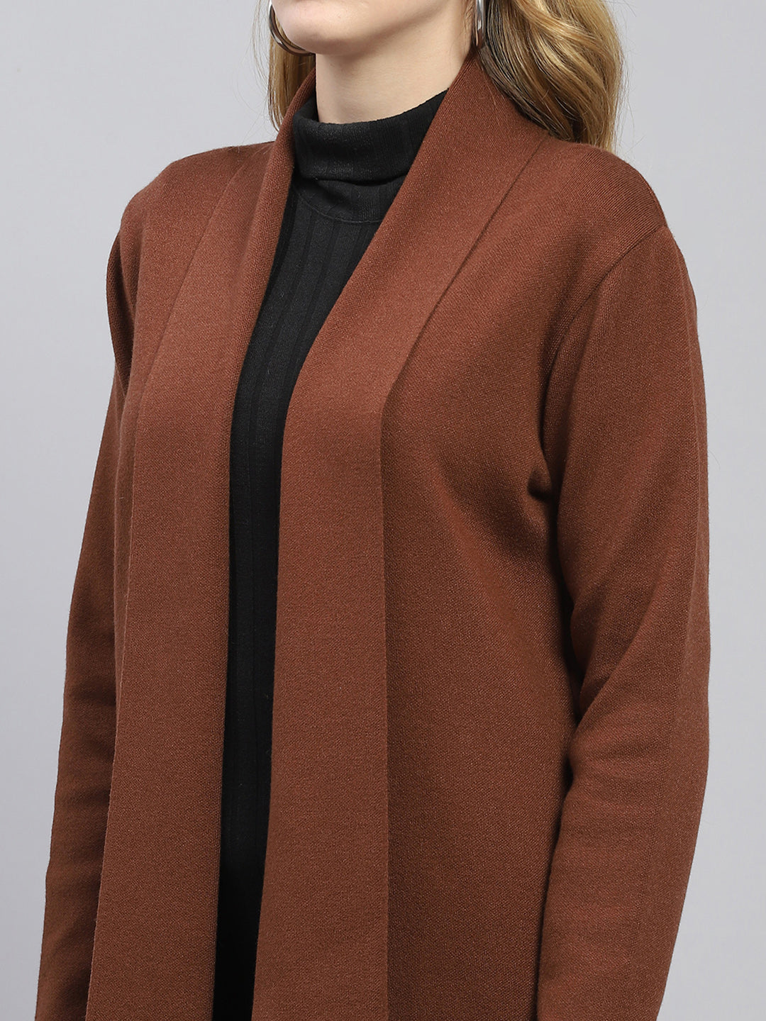 Women Brown Self Design Front Open Full Sleeve Cardigan