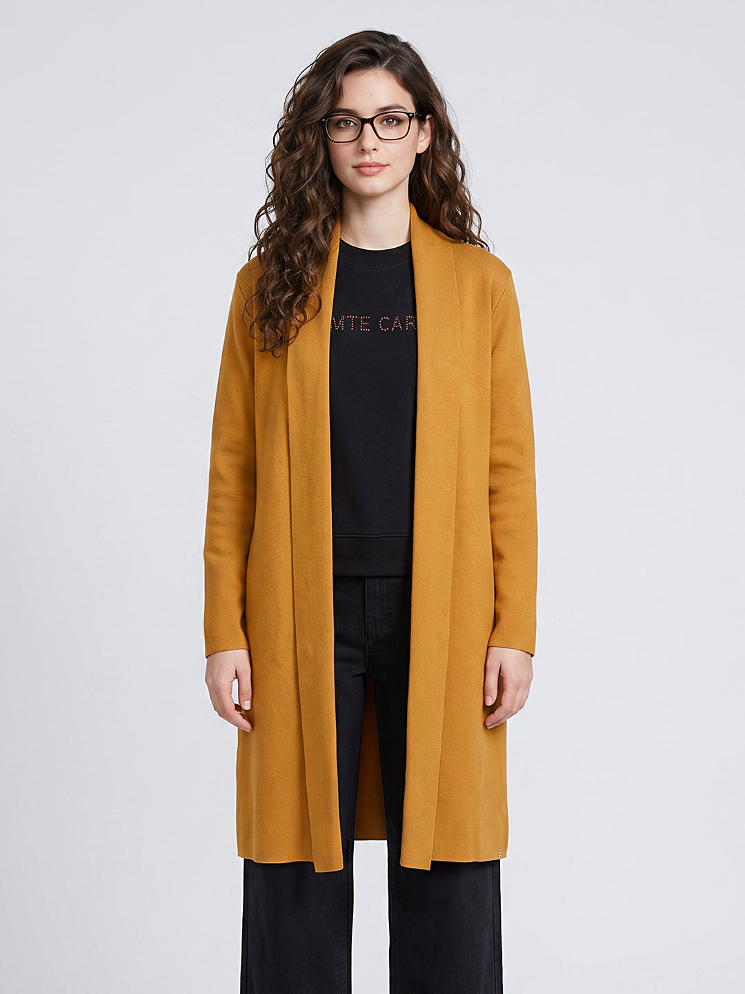 Women Mustard Solid Front Open Full Sleeve Cardigan