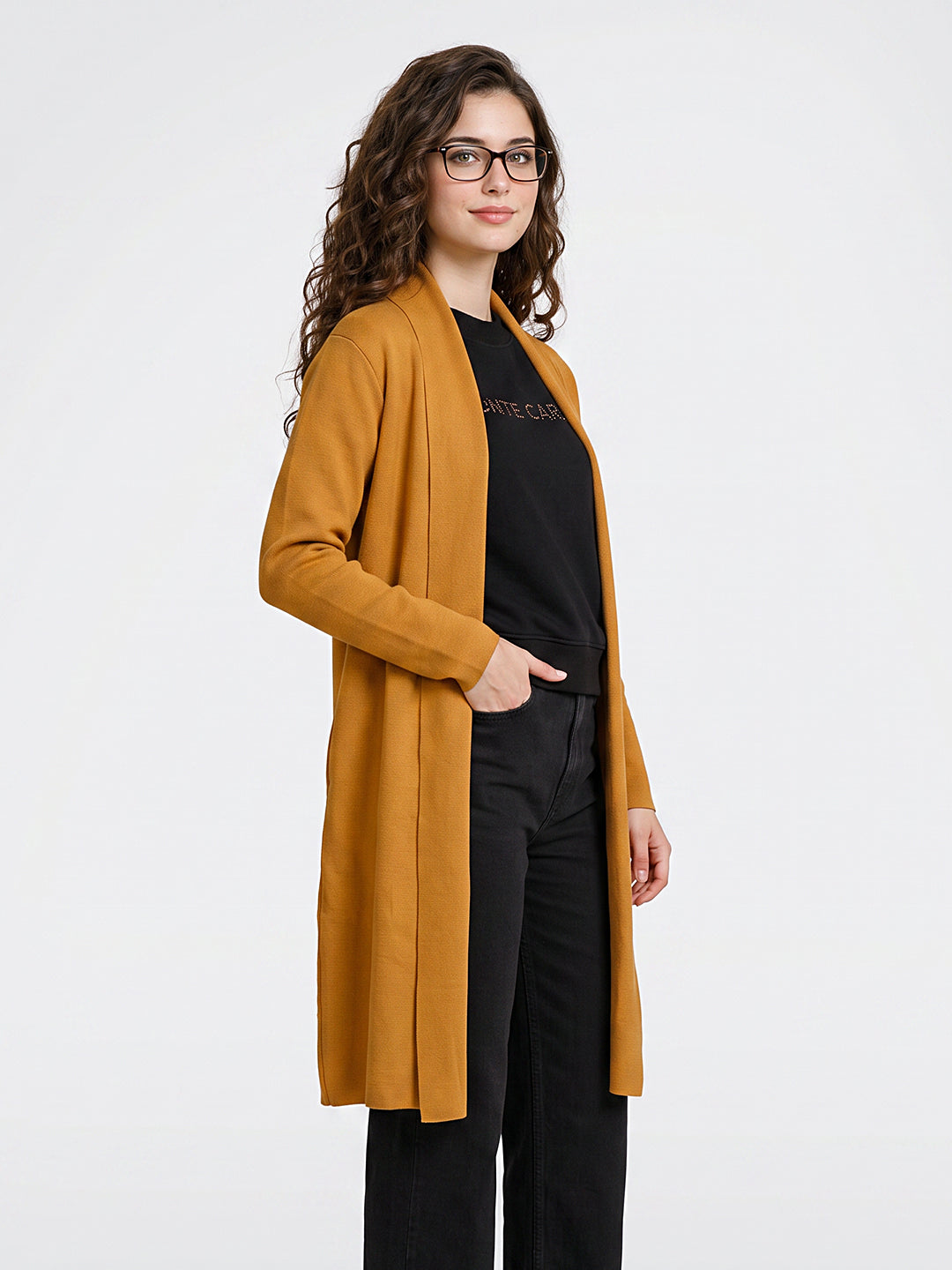 Women Mustard Solid Front Open Full Sleeve Cardigan