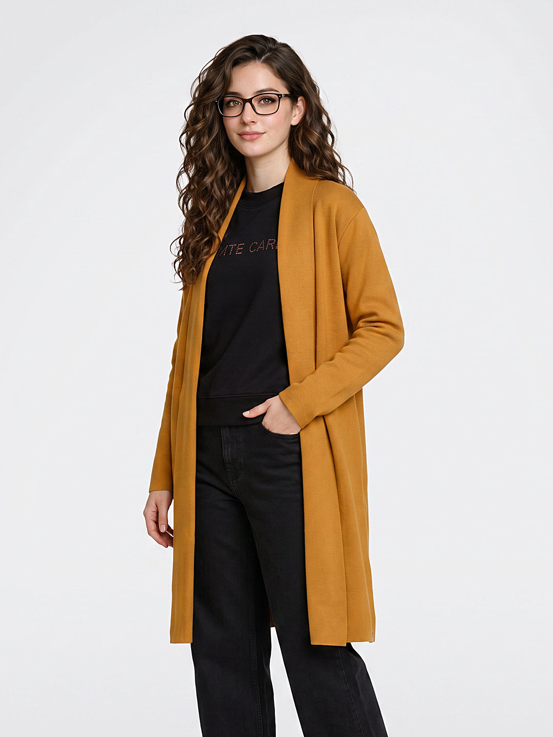 Women Mustard Solid Front Open Full Sleeve Cardigan