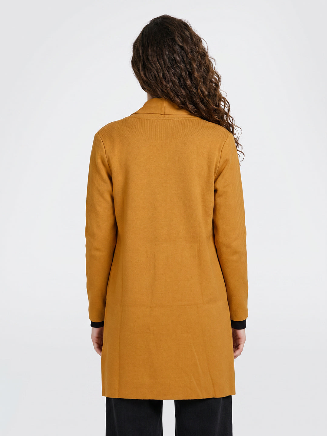 Women Mustard Solid Front Open Full Sleeve Cardigan