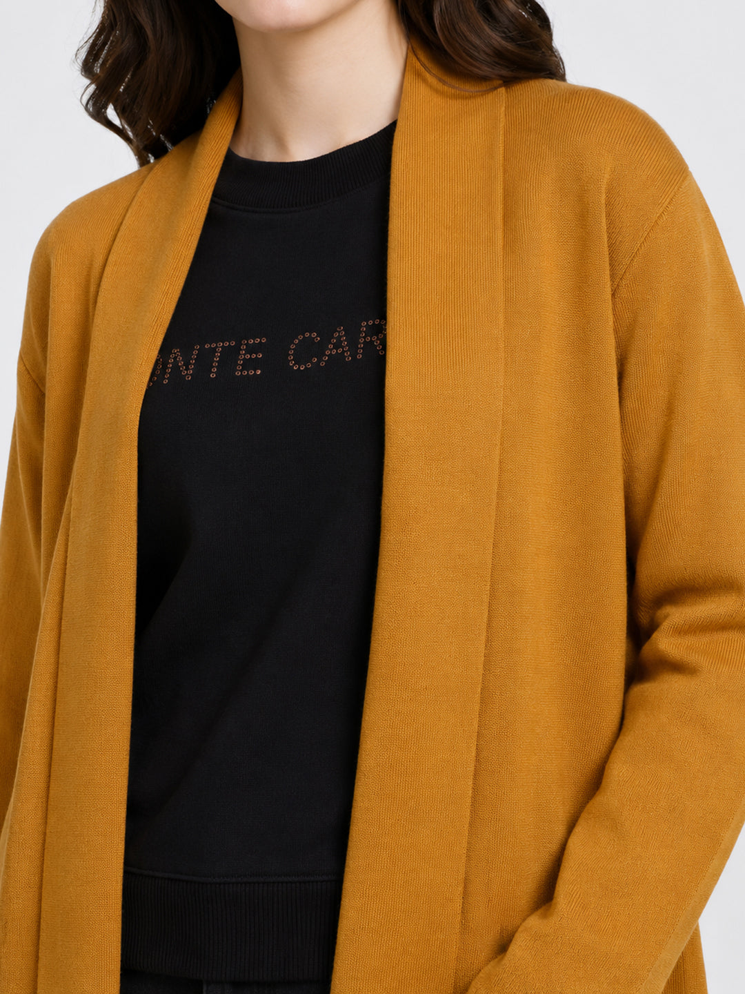 Women Mustard Solid Front Open Full Sleeve Cardigan
