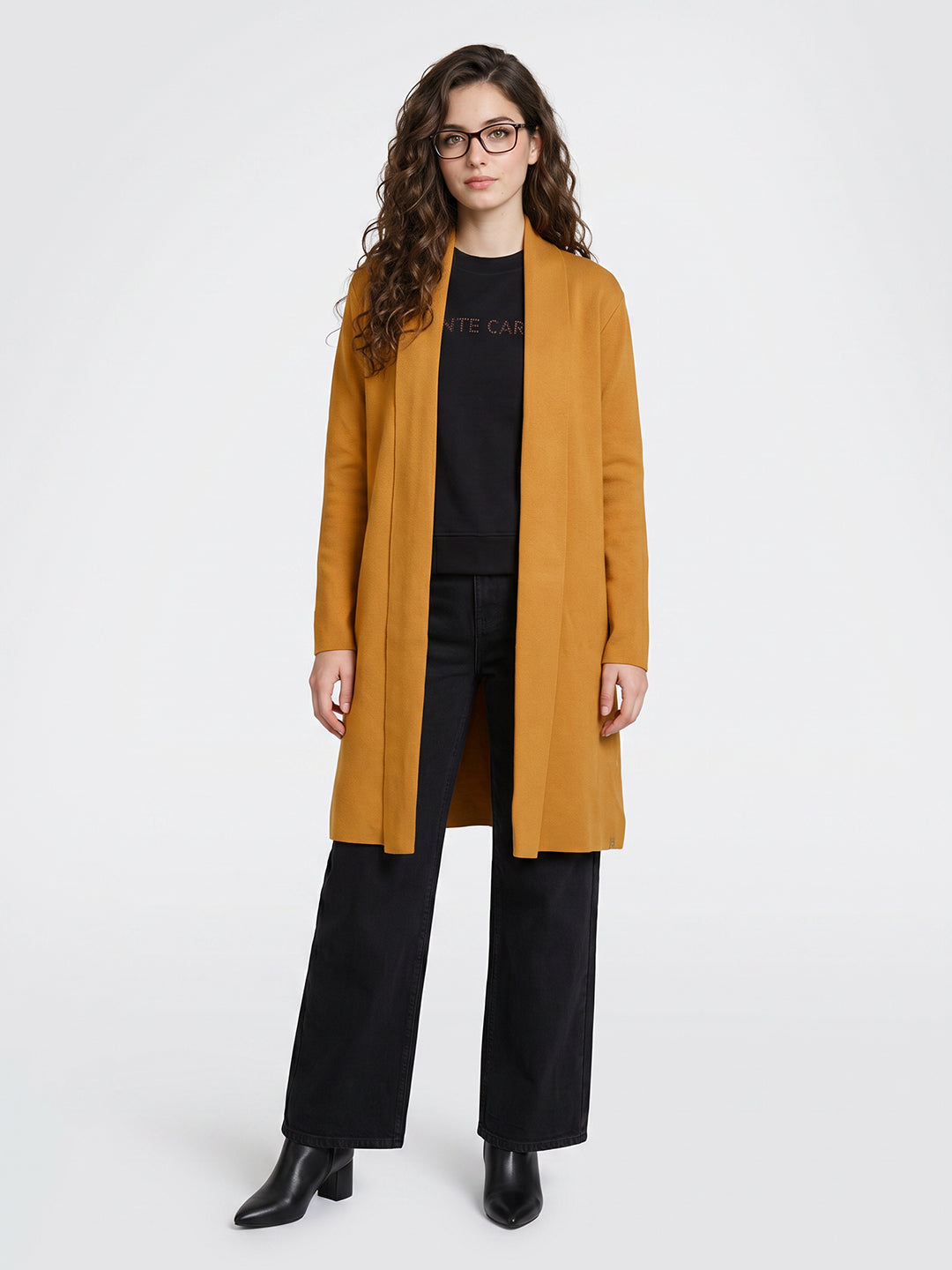Women Mustard Solid Front Open Full Sleeve Cardigan