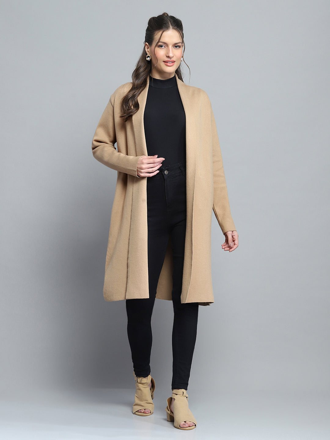 Women Camel Brown Solid Notch Lapel Collar Full Sleeve Cardigan