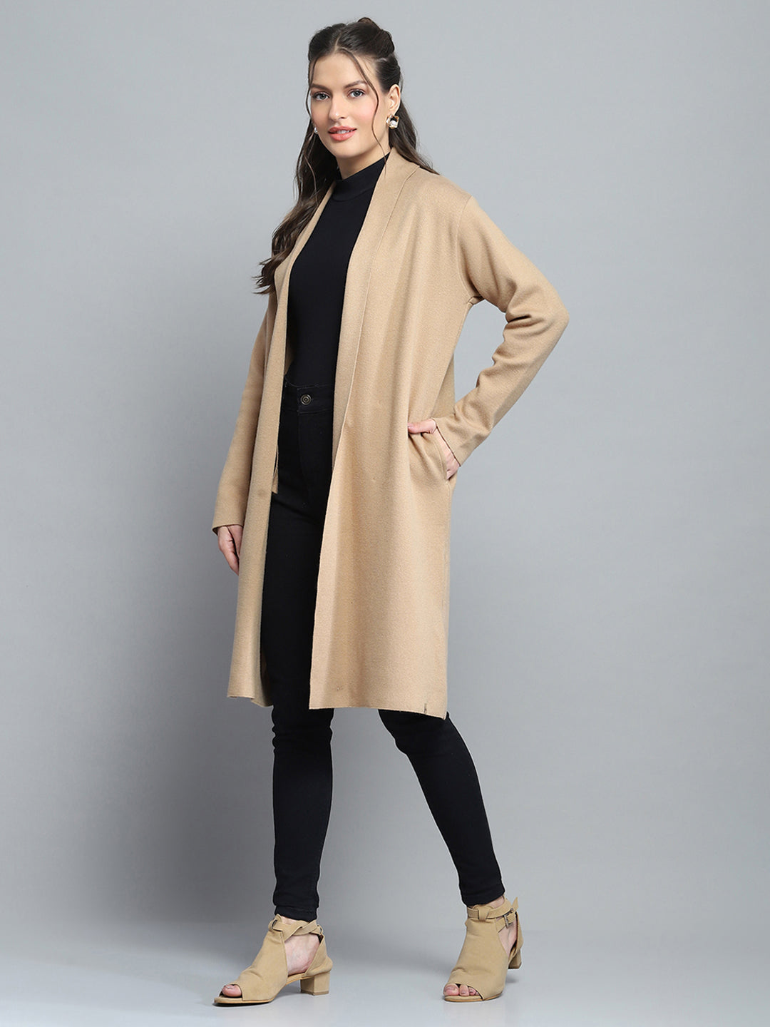 Women Camel Brown Solid Notch Lapel Collar Full Sleeve Cardigan