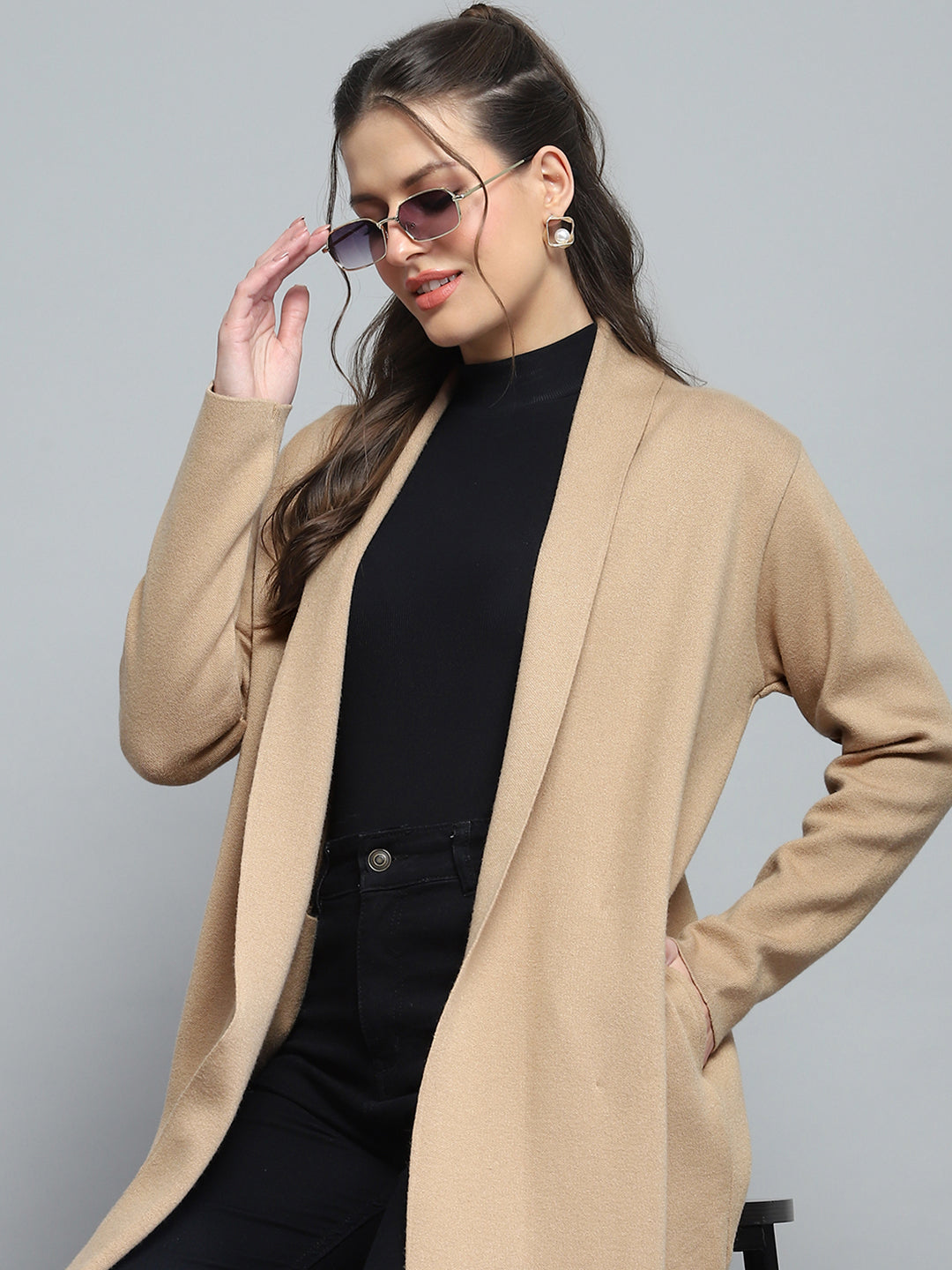 Women Camel Brown Solid Notch Lapel Collar Full Sleeve Cardigan