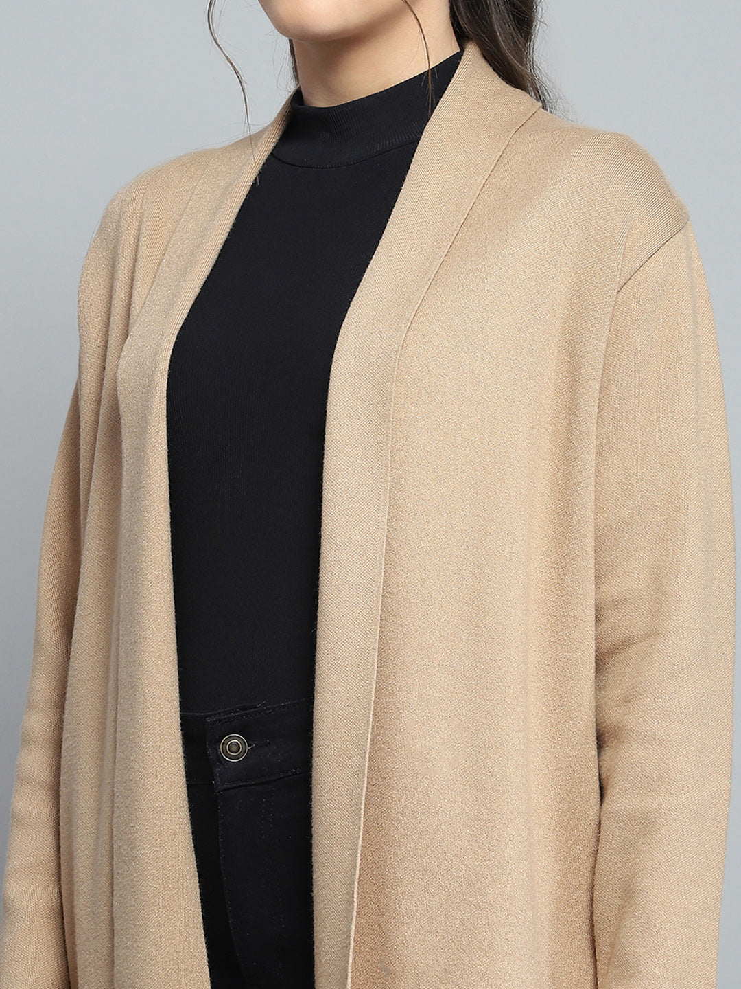 Women Camel Brown Solid Notch Lapel Collar Full Sleeve Cardigan