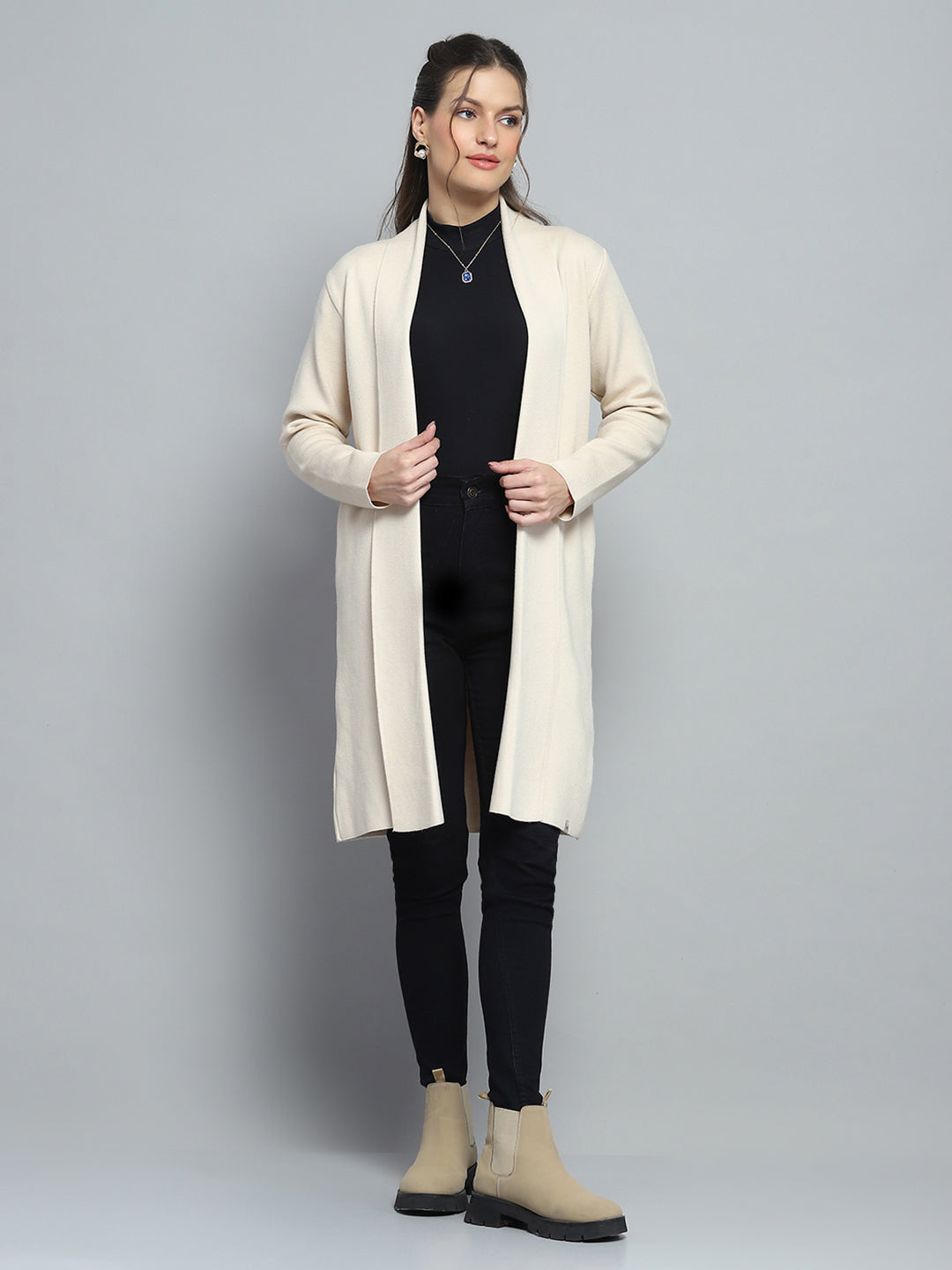 Women Beige Solid Notch Lapel Collar Full Sleeve Cardigan
