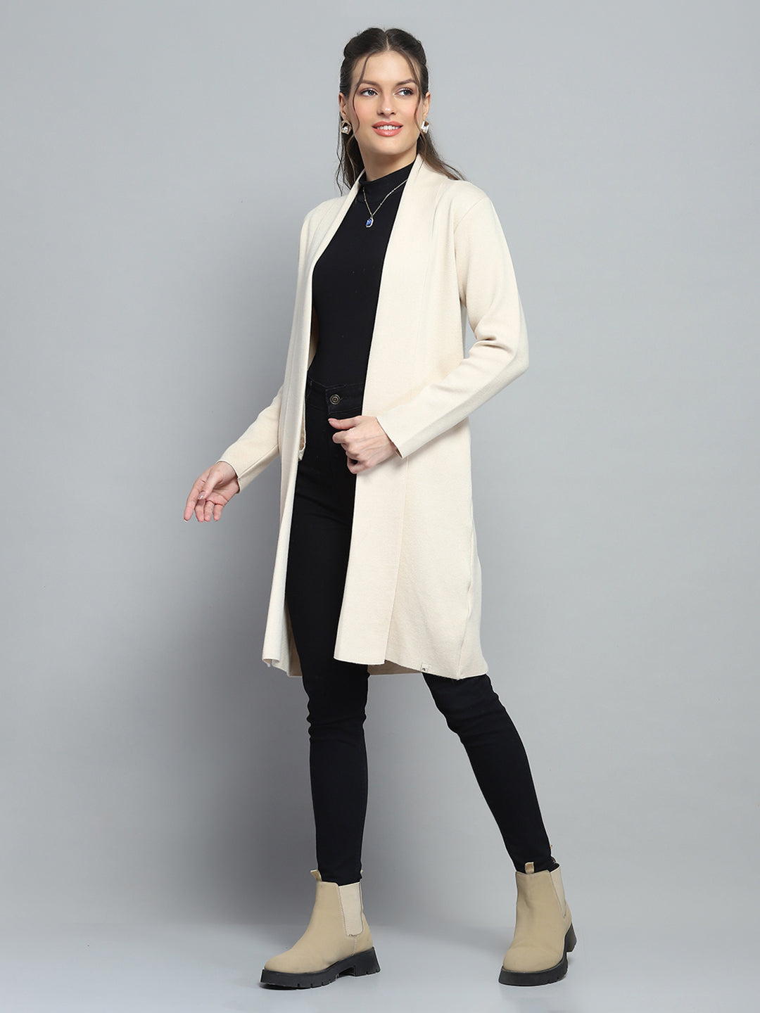 Women Beige Solid Notch Lapel Collar Full Sleeve Cardigan