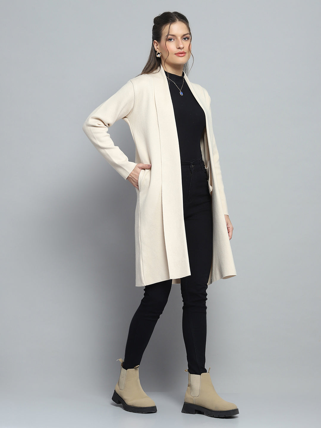 Women Beige Solid Notch Lapel Collar Full Sleeve Cardigan