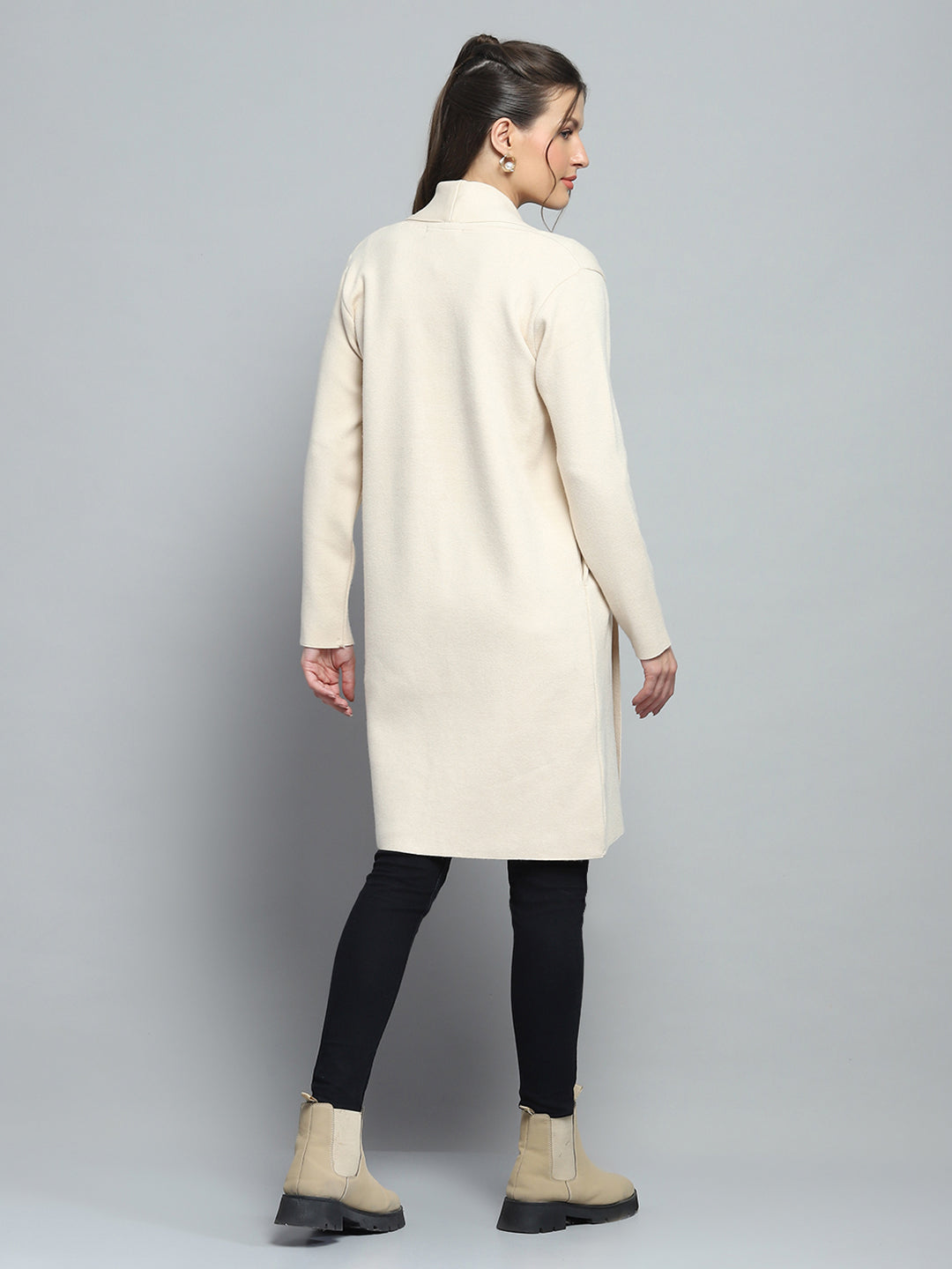 Women Beige Solid Notch Lapel Collar Full Sleeve Cardigan