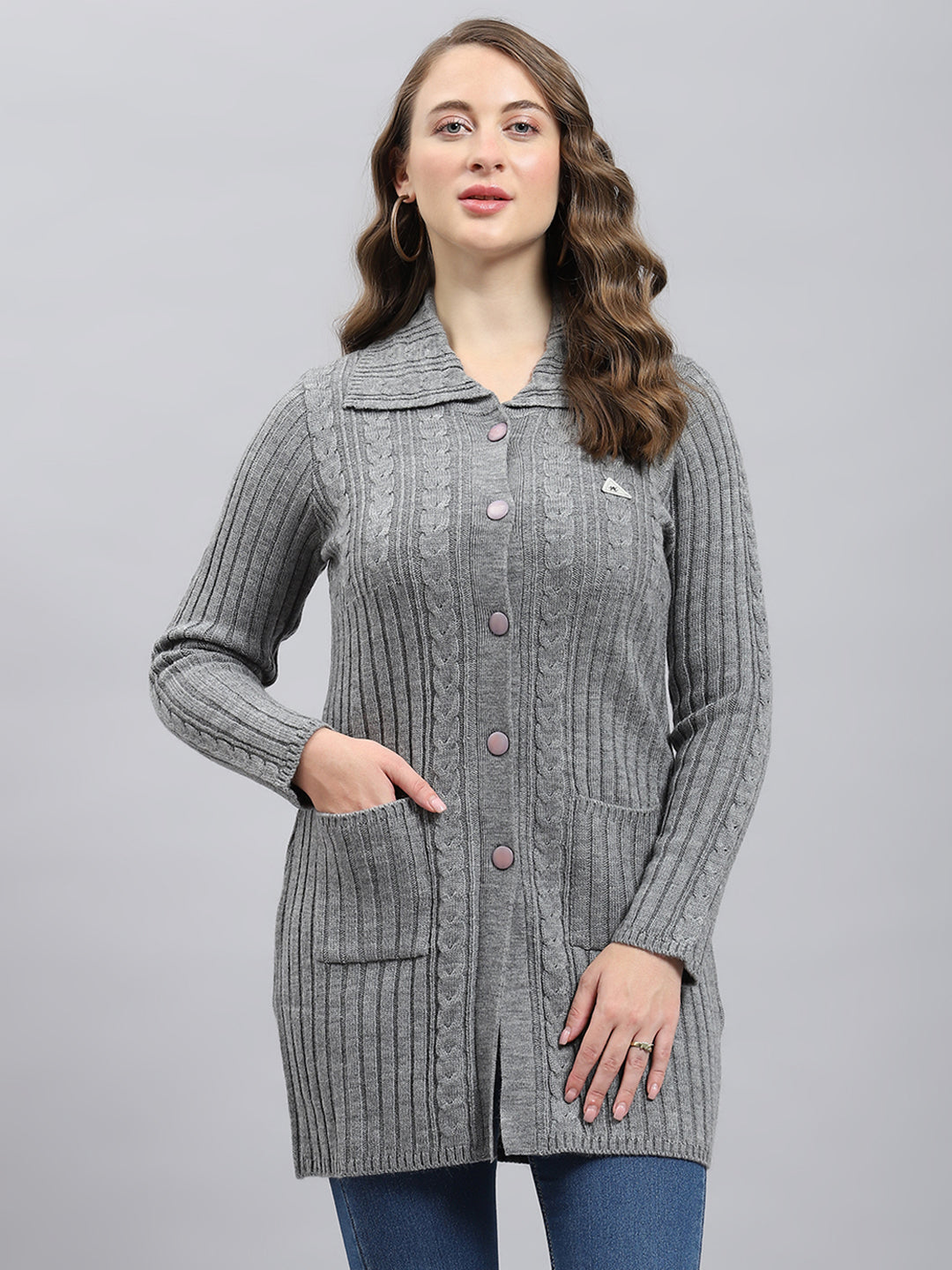 Women Grey Self Design Collar Full Sleeve Cardigan