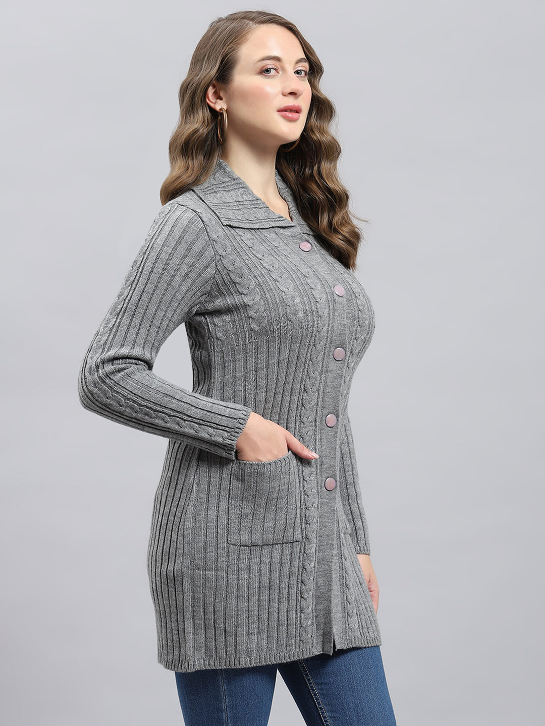 Women Grey Self Design Collar Full Sleeve Cardigan