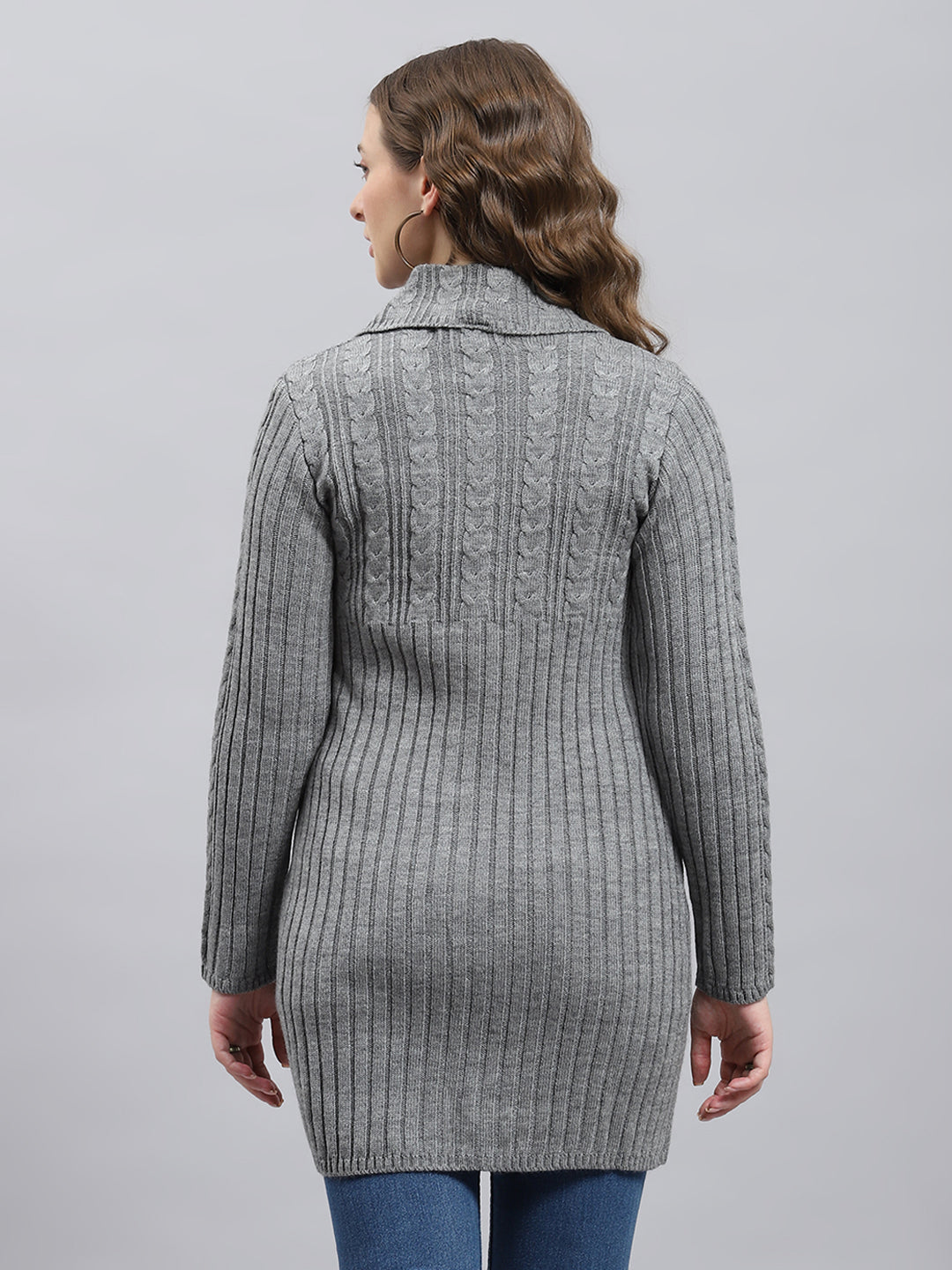 Women Grey Self Design Collar Full Sleeve Cardigan
