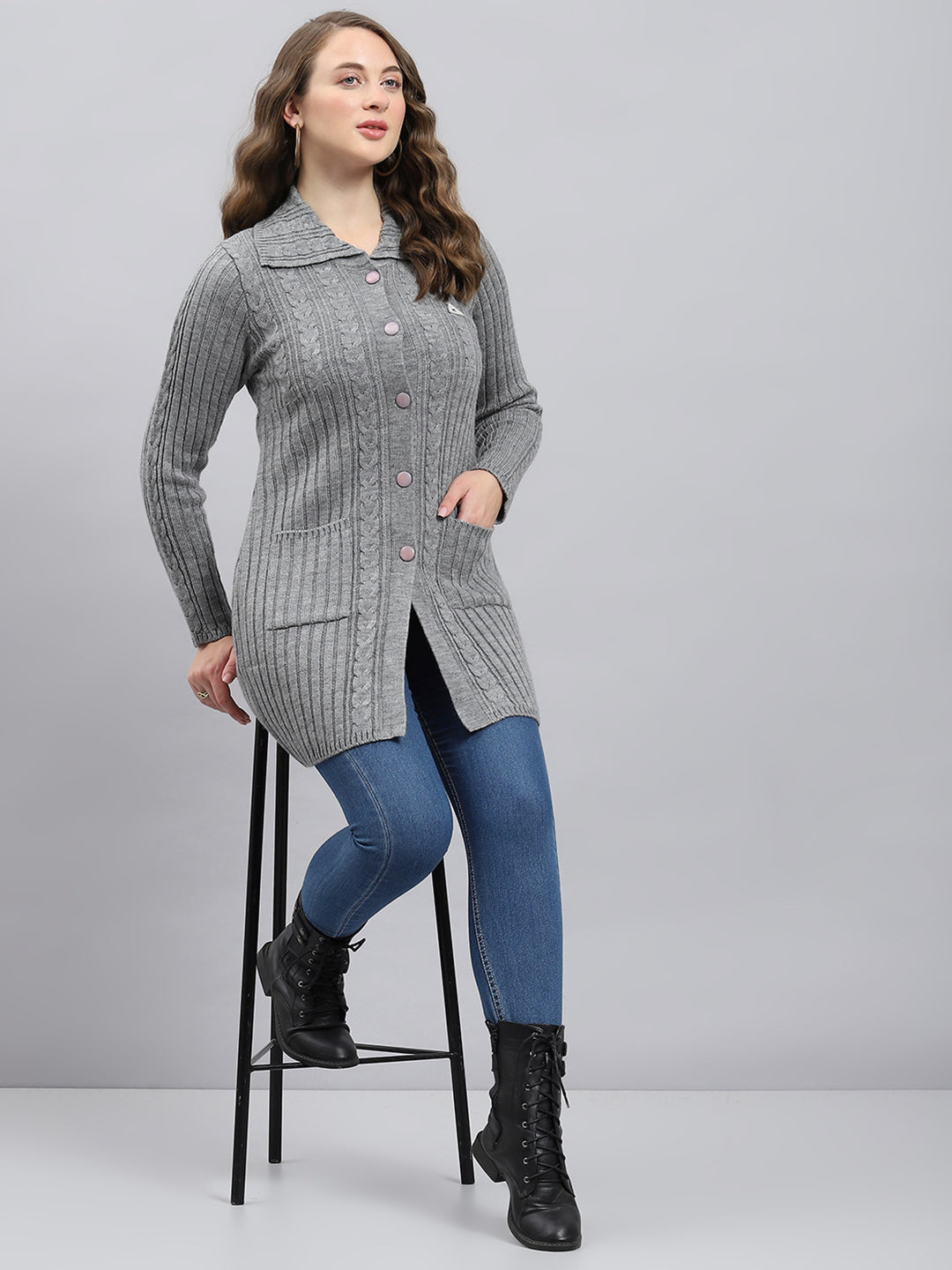 Women Grey Self Design Collar Full Sleeve Cardigan