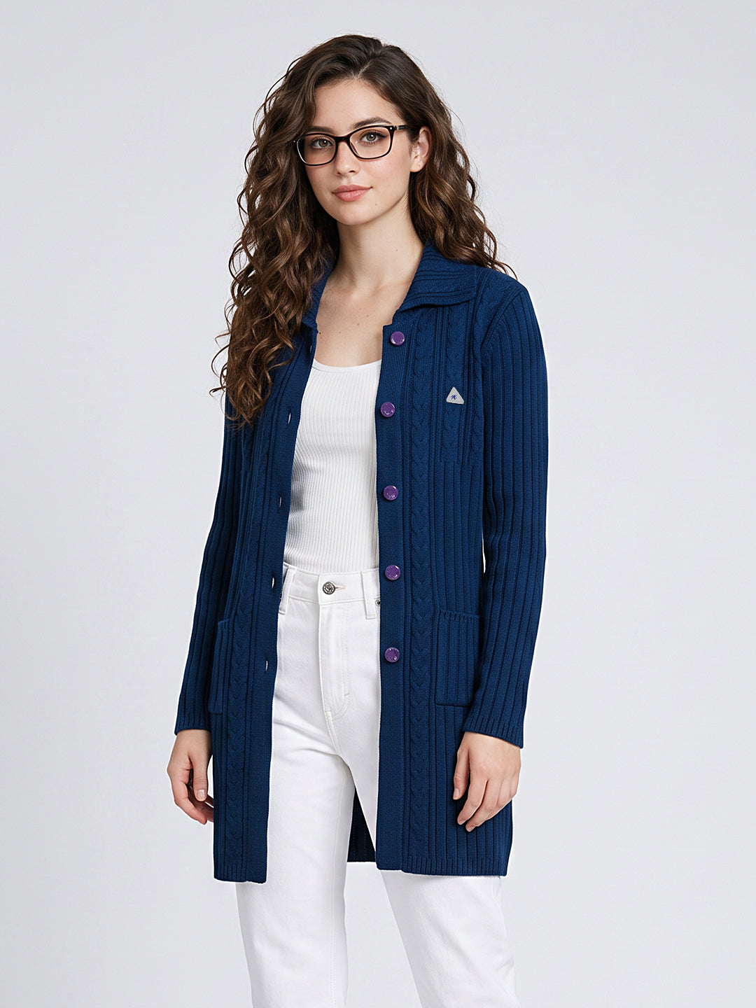 Women Blue Self Design Collar Full Sleeve Cardigan