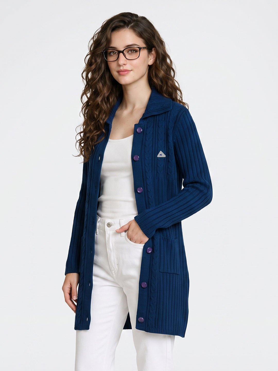 Women Blue Self Design Collar Full Sleeve Cardigan