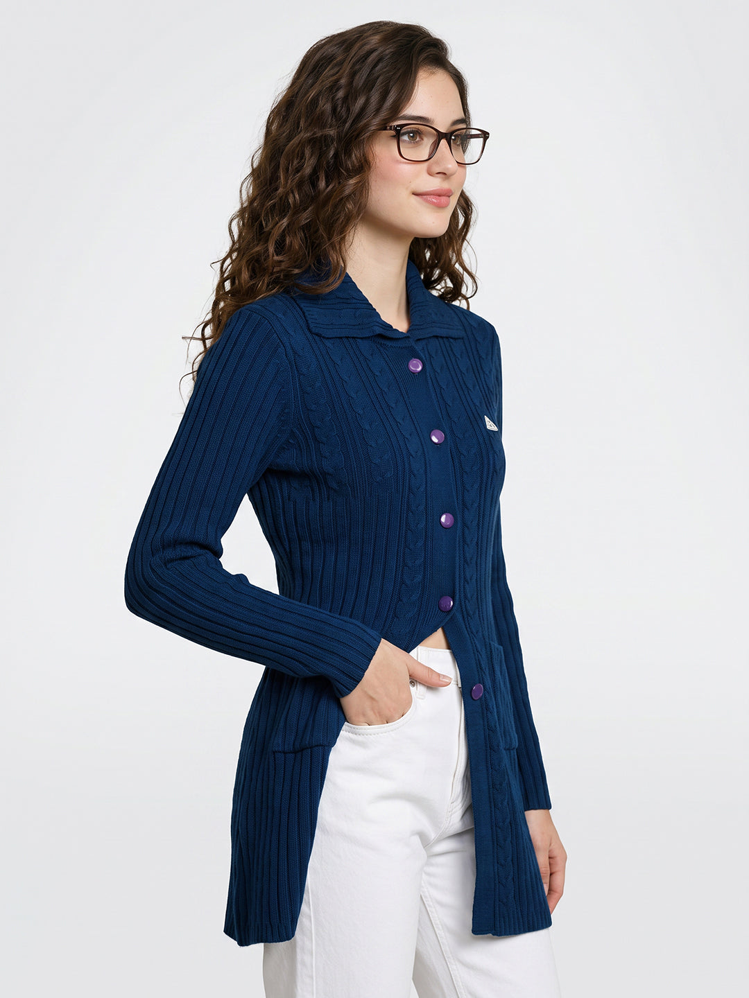 Women Blue Self Design Collar Full Sleeve Cardigan