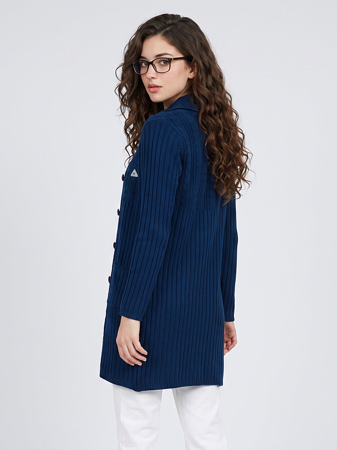 Women Blue Self Design Collar Full Sleeve Cardigan