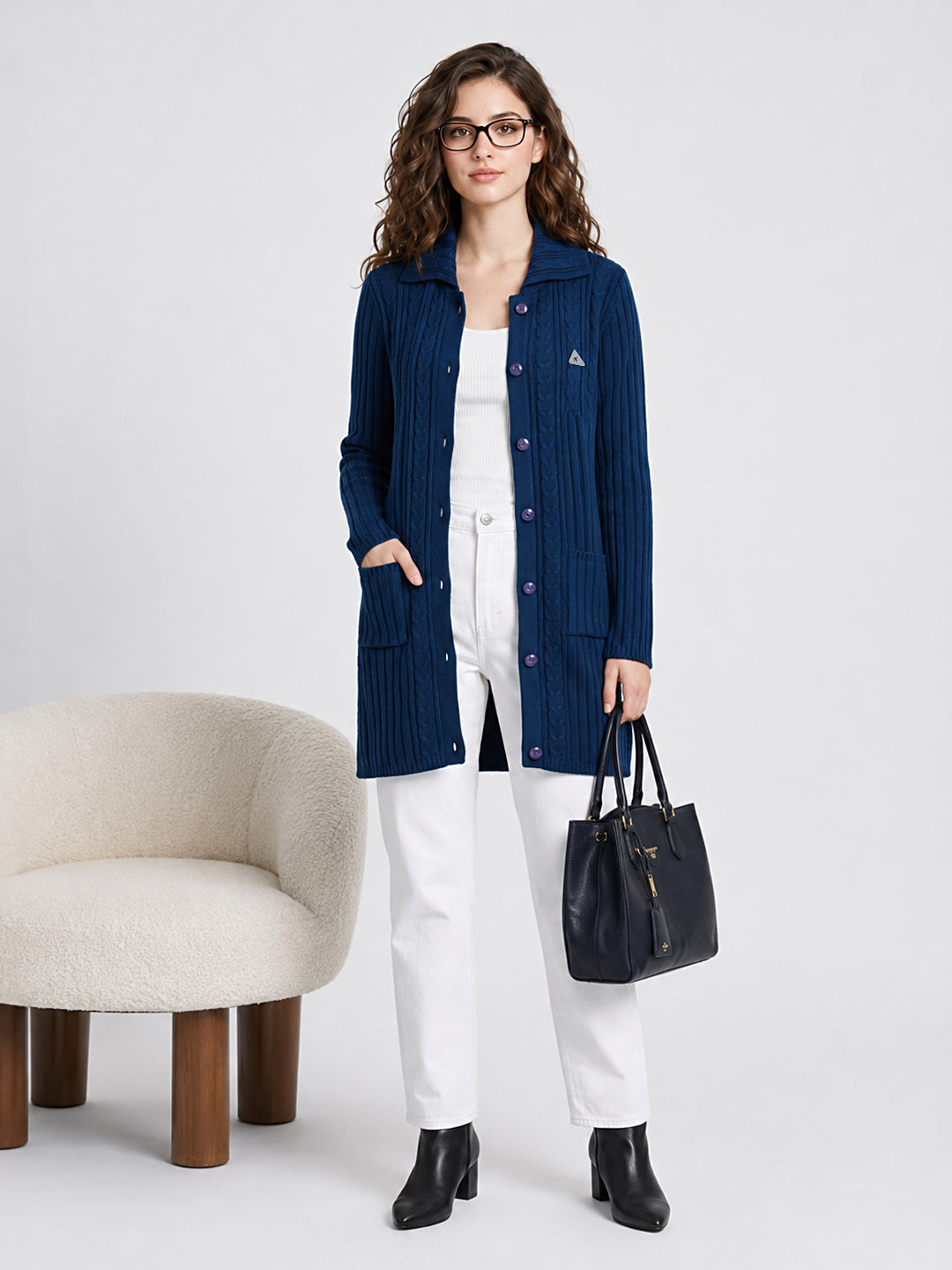 Women Blue Self Design Collar Full Sleeve Cardigan