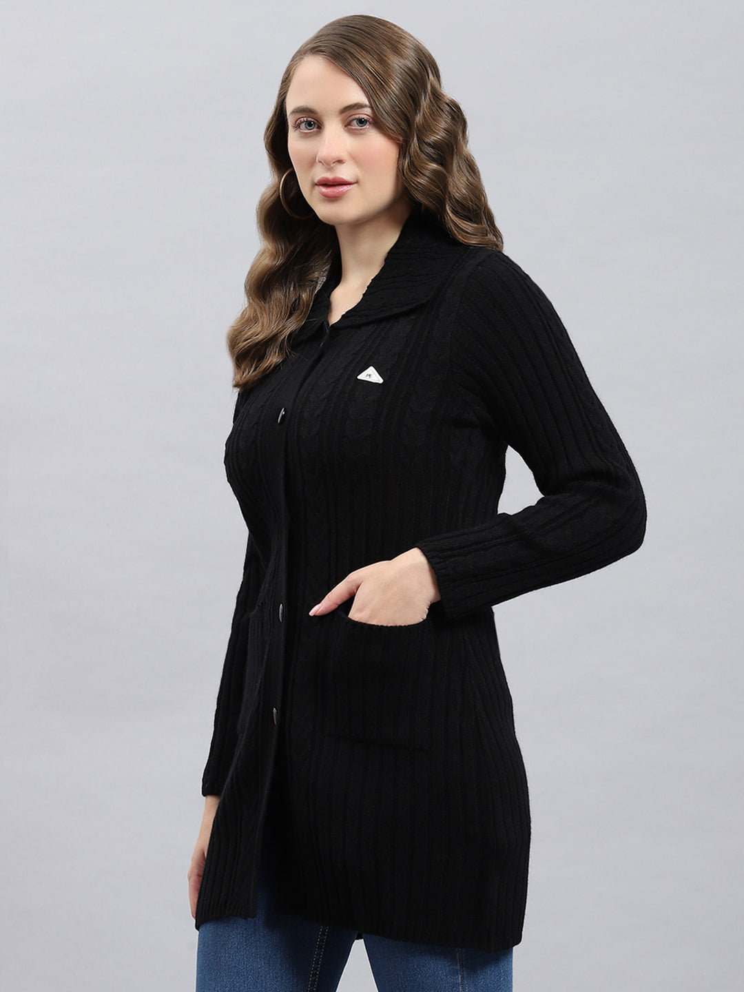 Women Black Self Design Collar Full Sleeve Cardigan