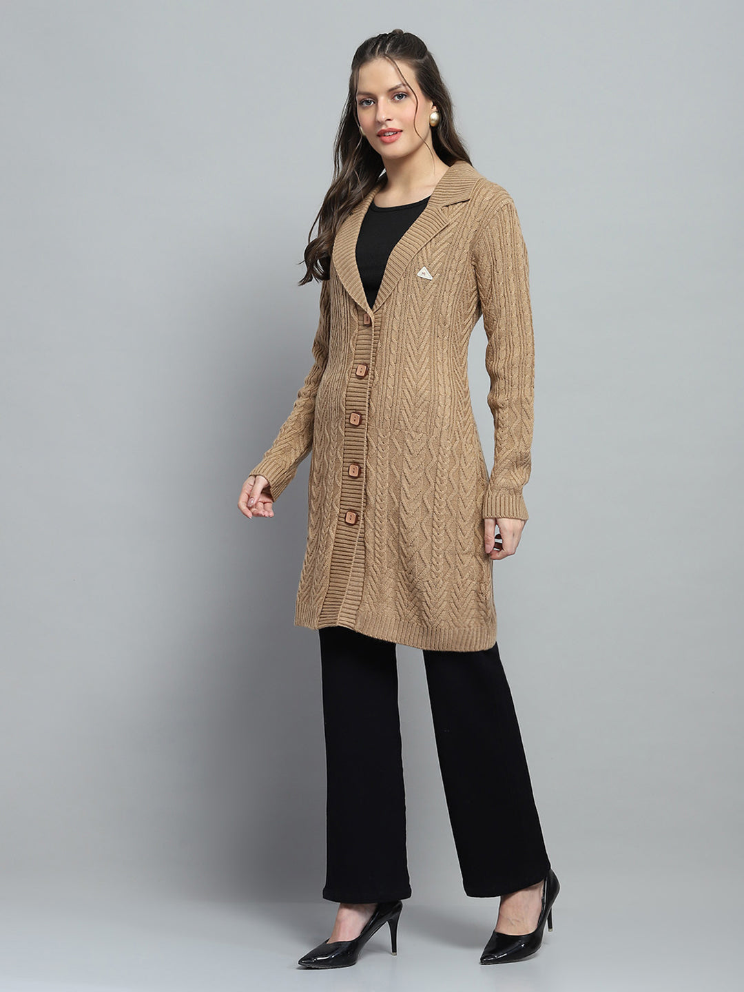 Women Brown Self Design Notch Lapel Collar Full Sleeve Cardigan