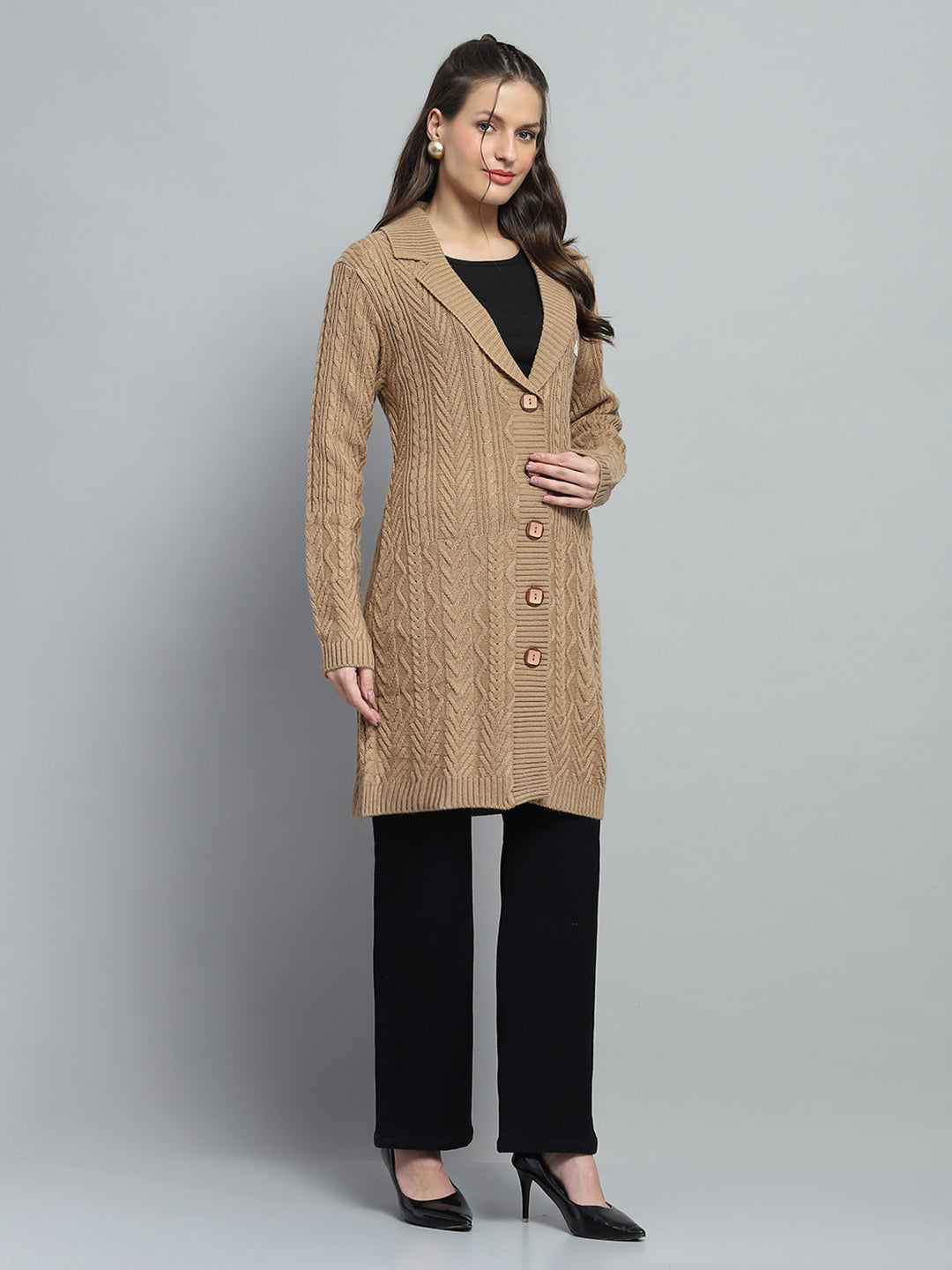 Women Brown Self Design Notch Lapel Collar Full Sleeve Cardigan