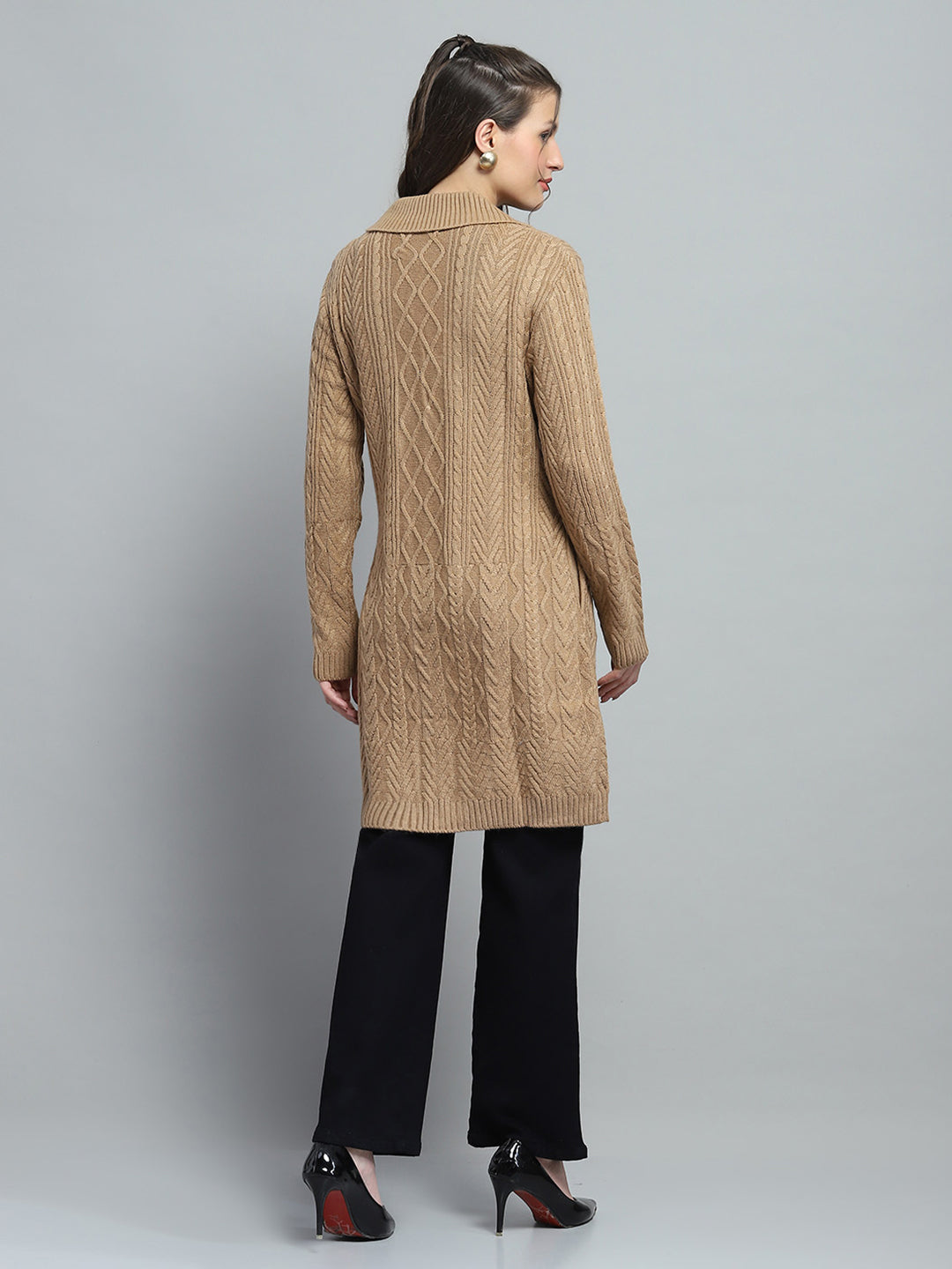 Women Brown Self Design Notch Lapel Collar Full Sleeve Cardigan