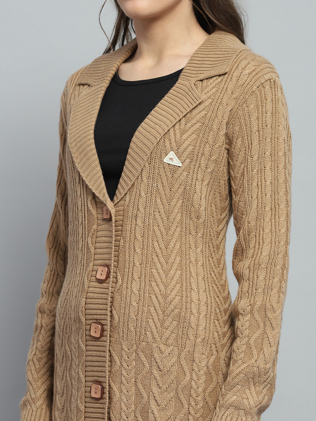 Women Brown Self Design Notch Lapel Collar Full Sleeve Cardigan