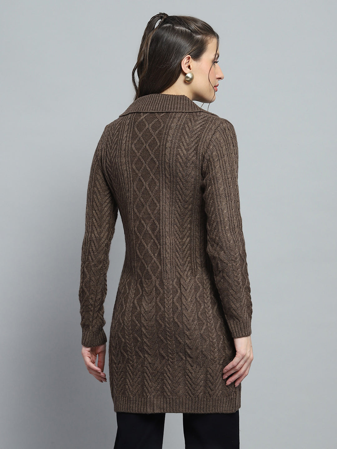 Women Brown Self Design Notch Lapel Collar Full Sleeve Cardigan