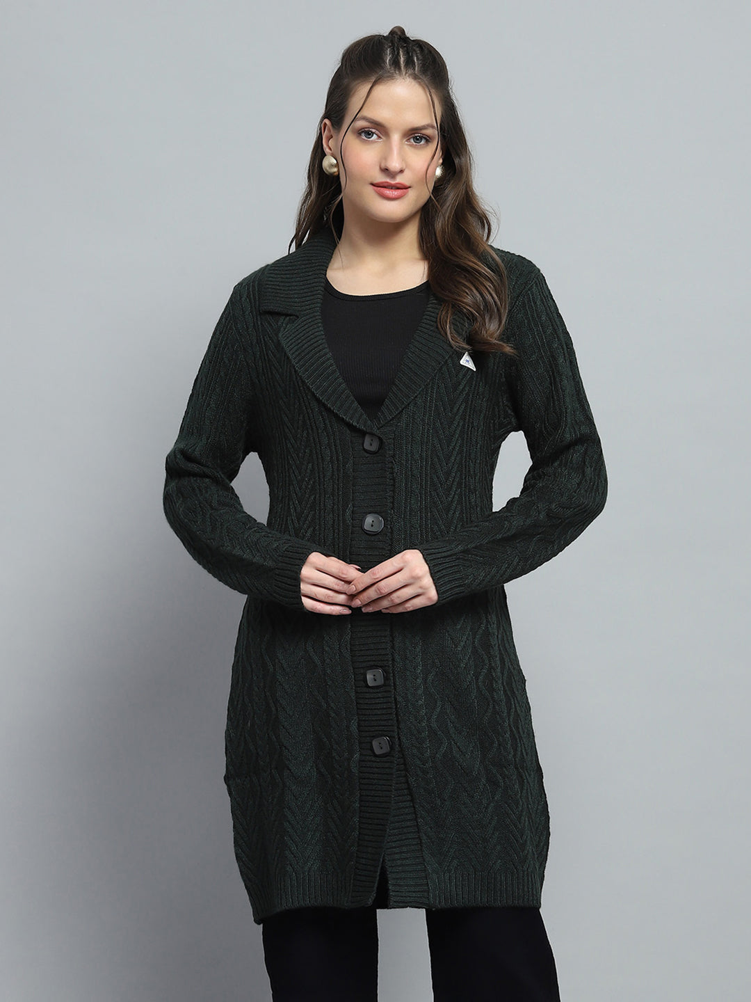 Women Green Self Design Notch Lapel Collar Full Sleeve Cardigan